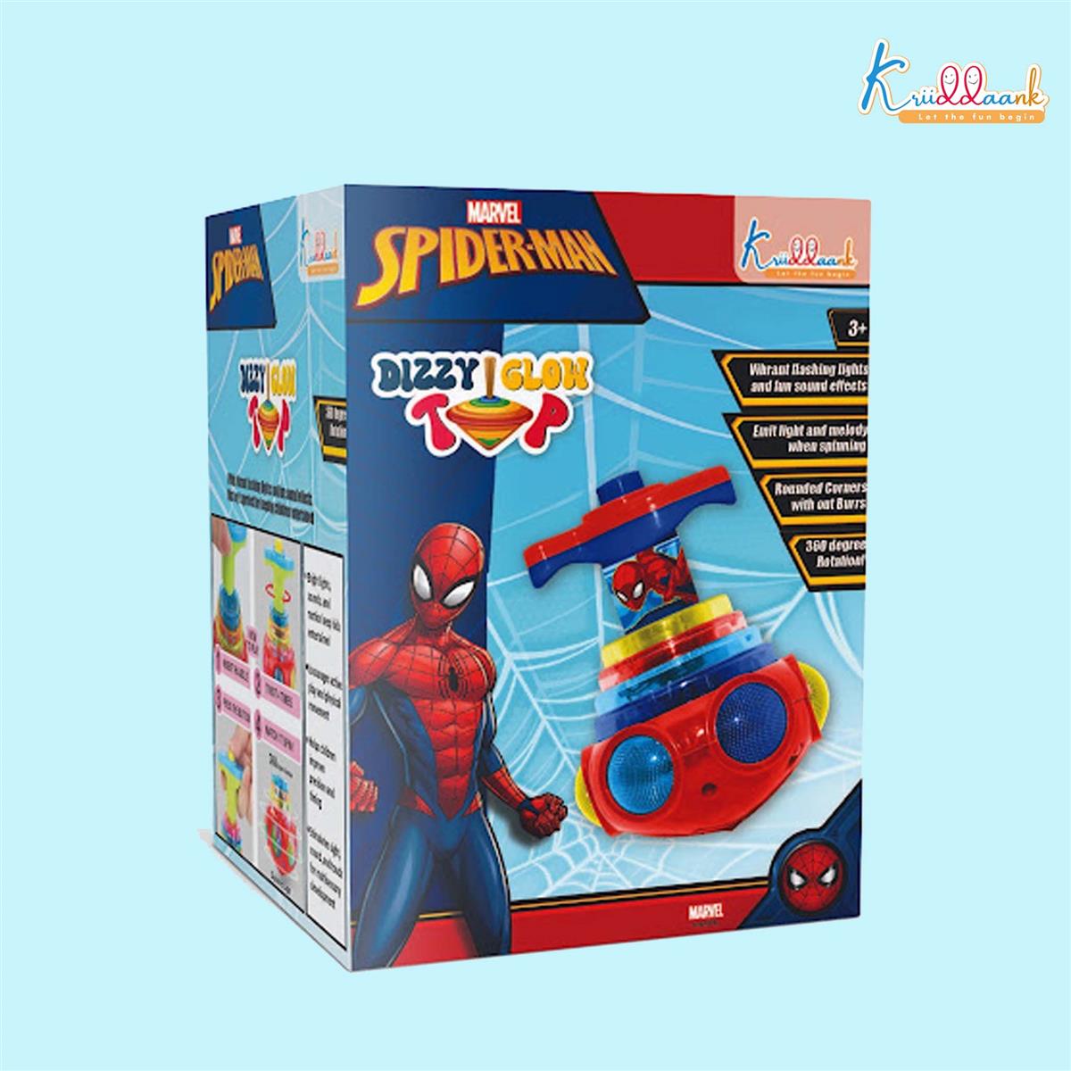 Dizzy Glow Top - Spiderman Musical Spinning Toy with Vibrant Flashing Lights & 360 Degree Rotation, Safe Rounded Edges, Battery Operated Fun for Kids Aged 3+ Years - Blue