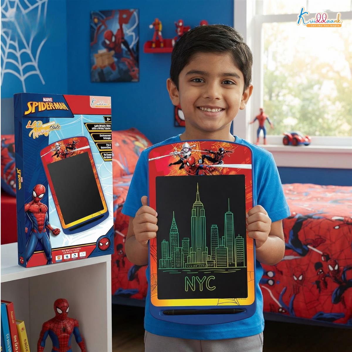 Kriiddaank 10.5 Inch Spiderman LCD Writing Tablet, Electronic Drawing Pad & Travel Slate for Kids, Rewritable Doodle Board, Birthday Gift for Boys Aged 3-9 Years, Blue Spiderman Theme