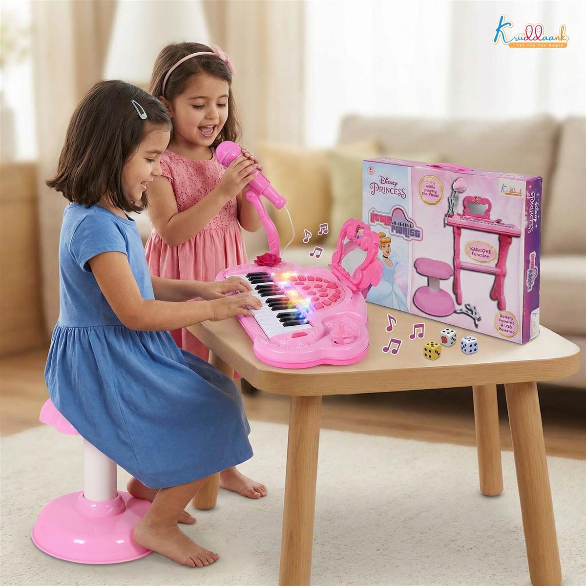 Disney Princess Little Pianist Keyboard Toy with Microphone & Stool - Karaoke Function, 25 Built-in Tunes, Dual Power Mode (USB/Battery) - Pink Musical Educational Gift for Girls Ages 3+