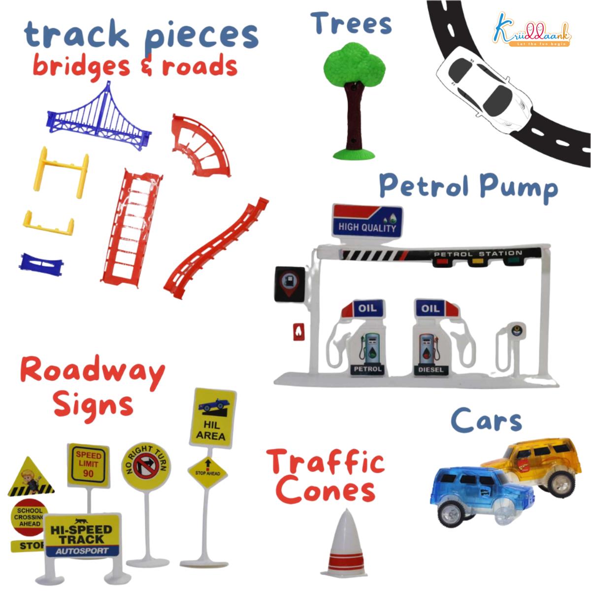 Disney Mickey Track Medium (84 Pcs) â€“ DIY Racing Track Set with 2 Cars, Bridges, Roadway Signs, Traffic Cones & Petrol Pump, Battery Operated Toy for Kids 3+ Years Old