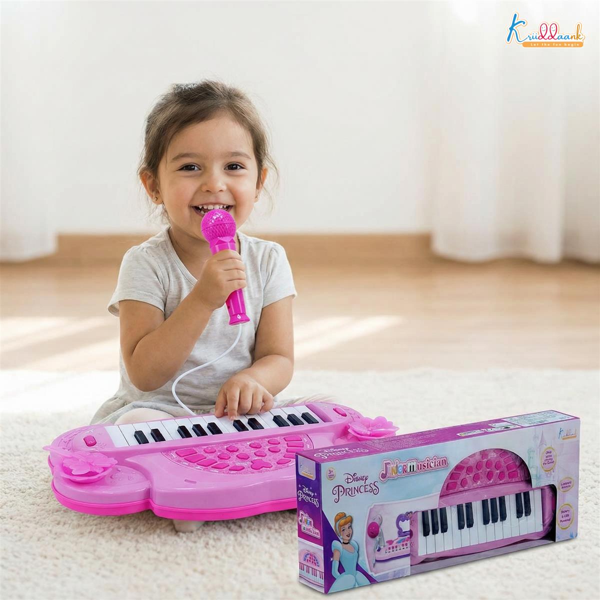 Disney Princess Musician Music Set - Kids Piano with Karaoke Microphone & Sound Effects, Educational Musical Toy for Girls Age 3+, Portable Electronic Keyboard with USB/Battery Power (Pink)