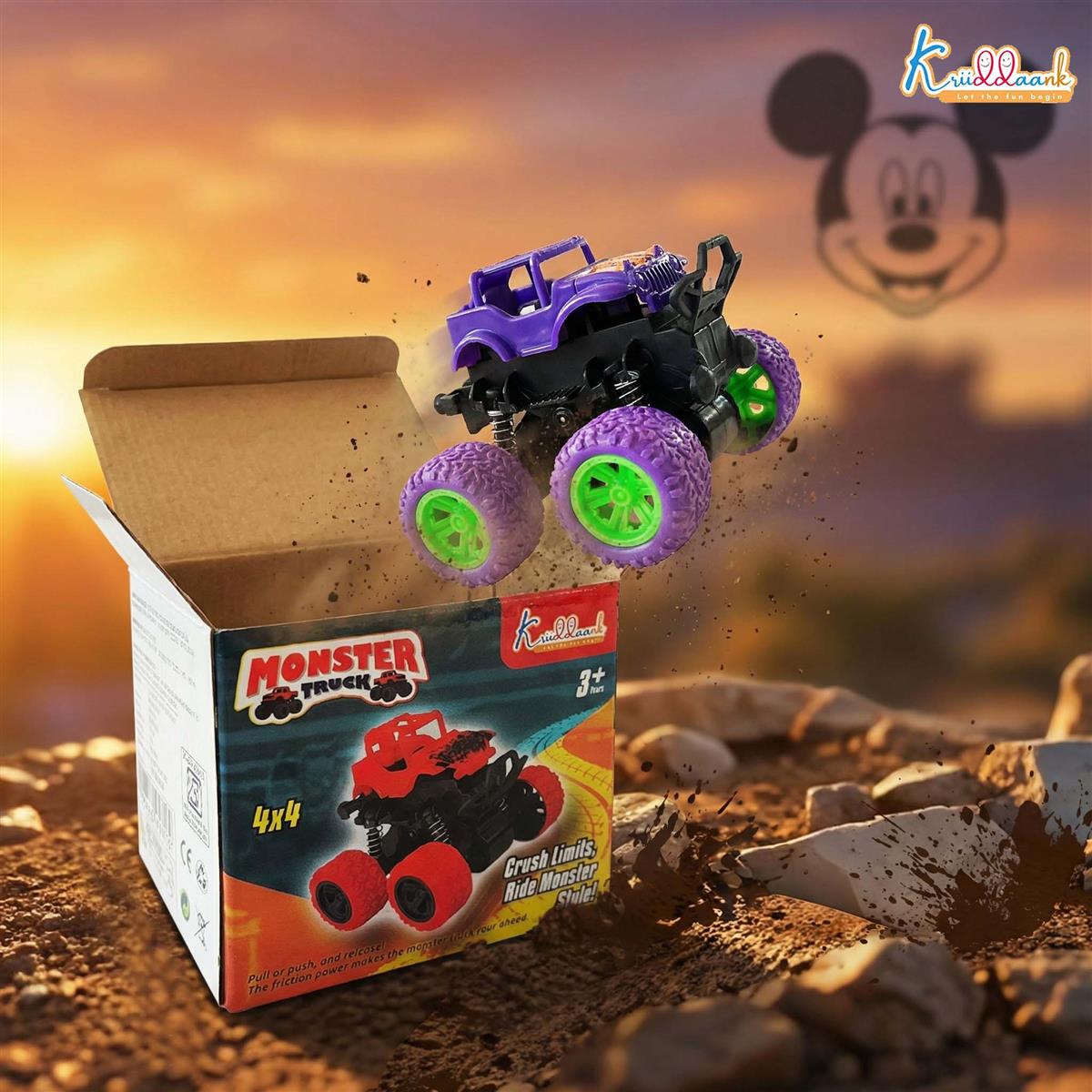 Kriddaank 4x4 Monster Truck for Kids - Friction Powered Stunt Car with 360Â° Spin Action - Durable Alloy & Non-Toxic 4WD Toy - Ideal Gift for Boys & Girls 3-7 Years Old (Multicolor)