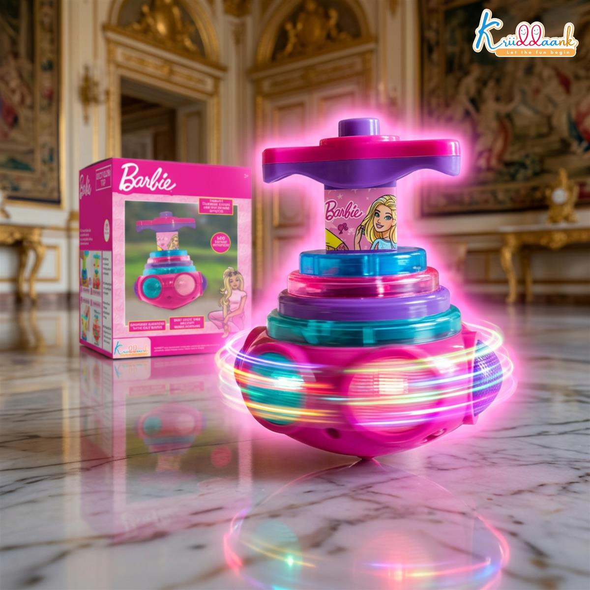 Dizzy Glow Top Barbie - Musical Spinning Top Toy with 360 Degree Rotation, Vibrant Flashing Lights & Sound Effects, Child-Safe Pink Battery Operated Toy for Kids 3+ Years Old