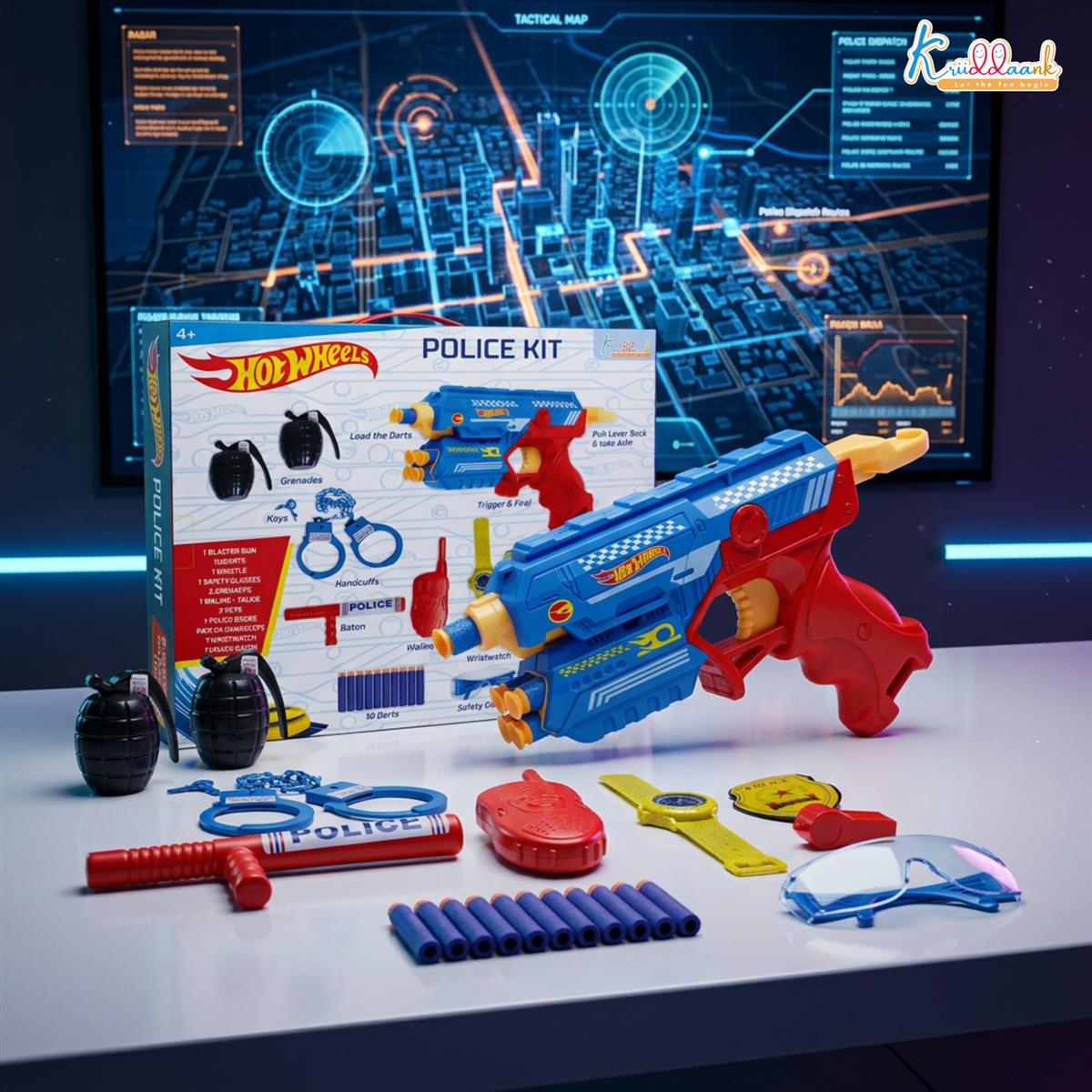 Kriiddaank Police City Hero Blaster Play Set for Kids 4+ - Complete Police Kit with Toy Gun, 10 Soft Darts, Handcuffs, Badge, Walkie-Talkie, Police Baton & Accessories - Blue Role Play Toy Set