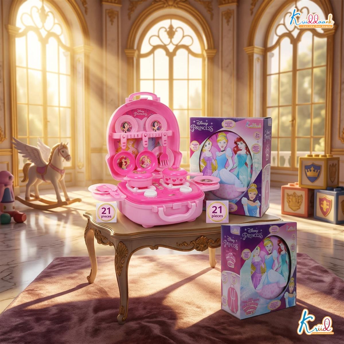 Disney Princess Backpack Kitchen Gift Set for Kids - 21 Pcs Pretend Play Cooking Toy with Music, 2-in-1 Portable Backpack Kitchen Set for Girls, Includes Accessories, Pink, Ages 3+