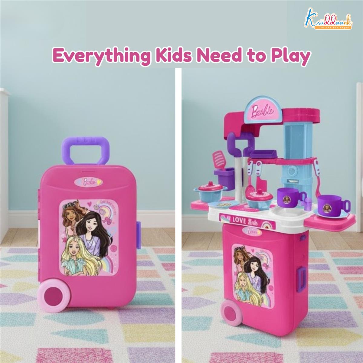 Kriiddaank Mattel Barbie Kitchen Set - Portable 2-in-1 Trolley Playset with Lights, Sound & 20 Accessories for Girls - Realistic Cooking & Baking Toy Gift for Kids 3+ Years