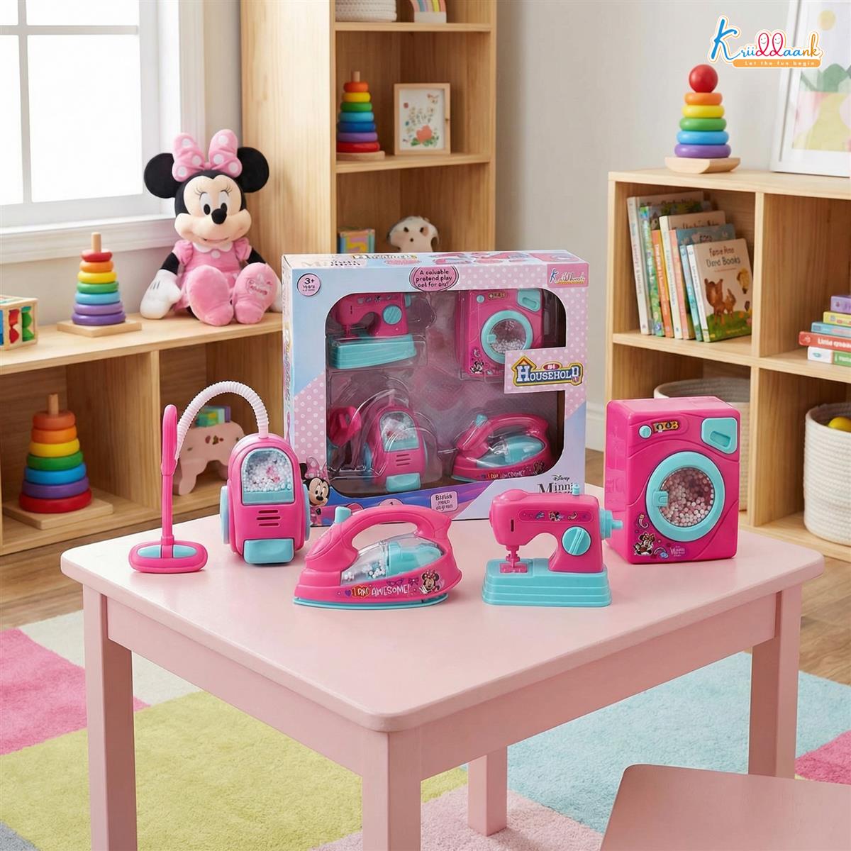 Minnie Mouse Theme Household Role Play Set (4-Piece) - Toy Washing Machine, Vacuum Cleaner, Iron & Hair Dryer with Lights - Educational Pretend Play Gift for Girls 3+ Years Old