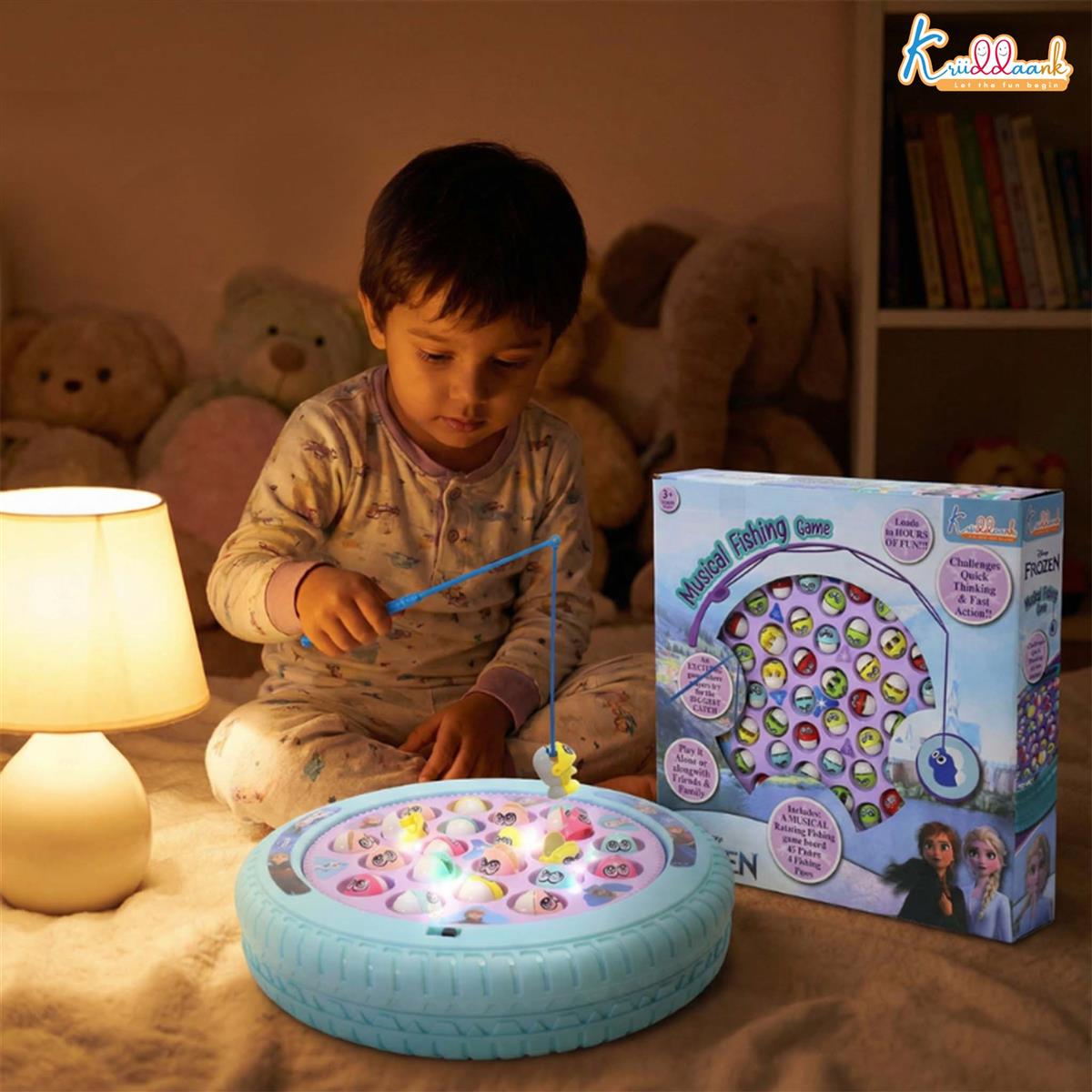 Kriiddaank Frozen Musical Fishing Game - Electronic Rotating Board with 45 Fishes & 4 Poles | Battery Operated Interactive Toy for Kids 3+ | Fun & Educational Multiplayer Game, Turkish Blue