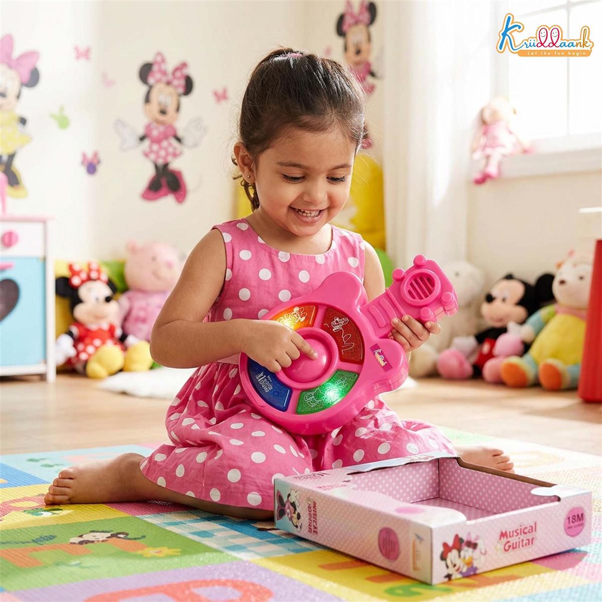 Minnie Mini Music Guitar for Kids - Portable Musical Toy with Interactive Buttons & Sound Effects, Battery Operated Educational Instrument for Toddlers, Durable Pink Guitar Toy (Ages 3+)