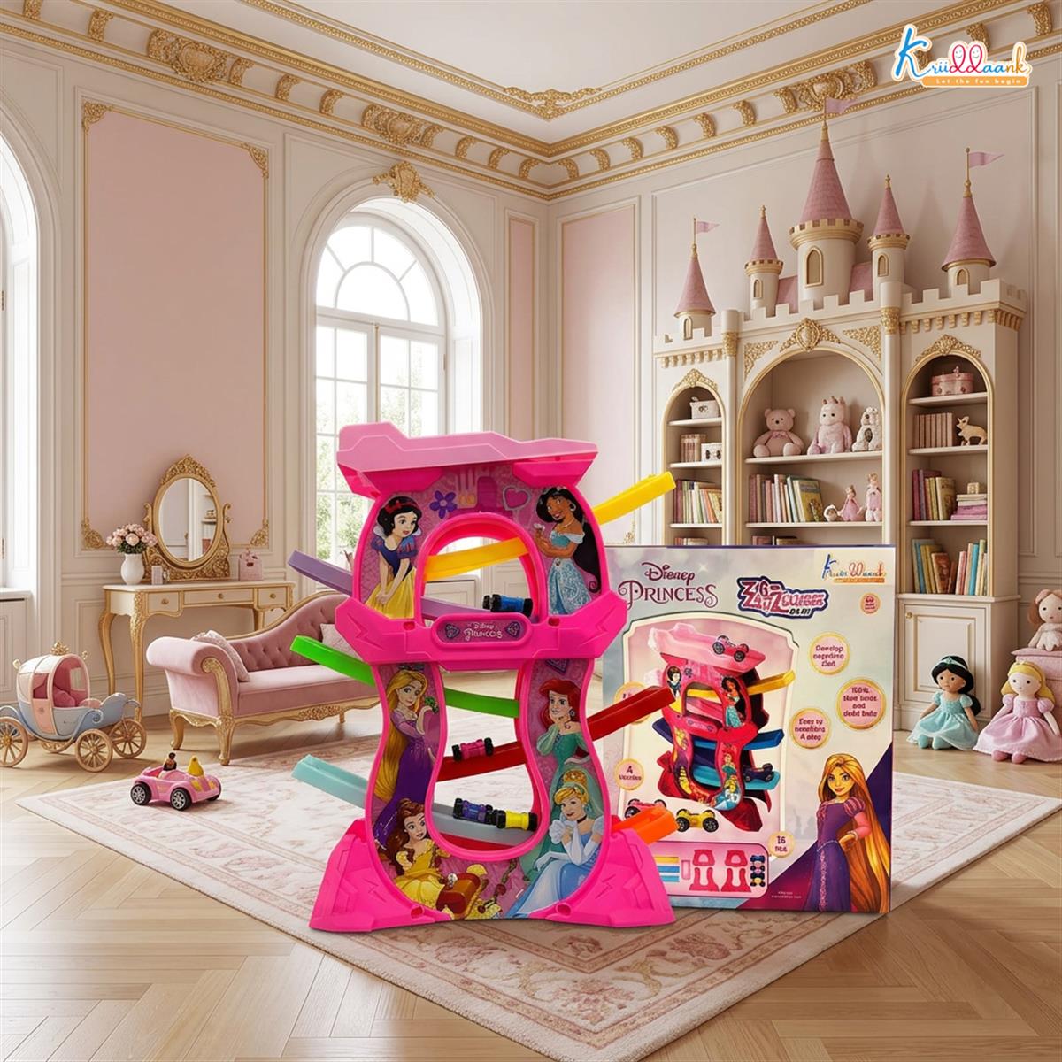 Princess Zig Zag Zoomer Ramp Racer Car Track for Toddlers - 15 Piece 6-Level Lever Toy with 4 Mini Vehicles, Non-Toxic Pink Race Track Playset for Girls 3+ Years Old