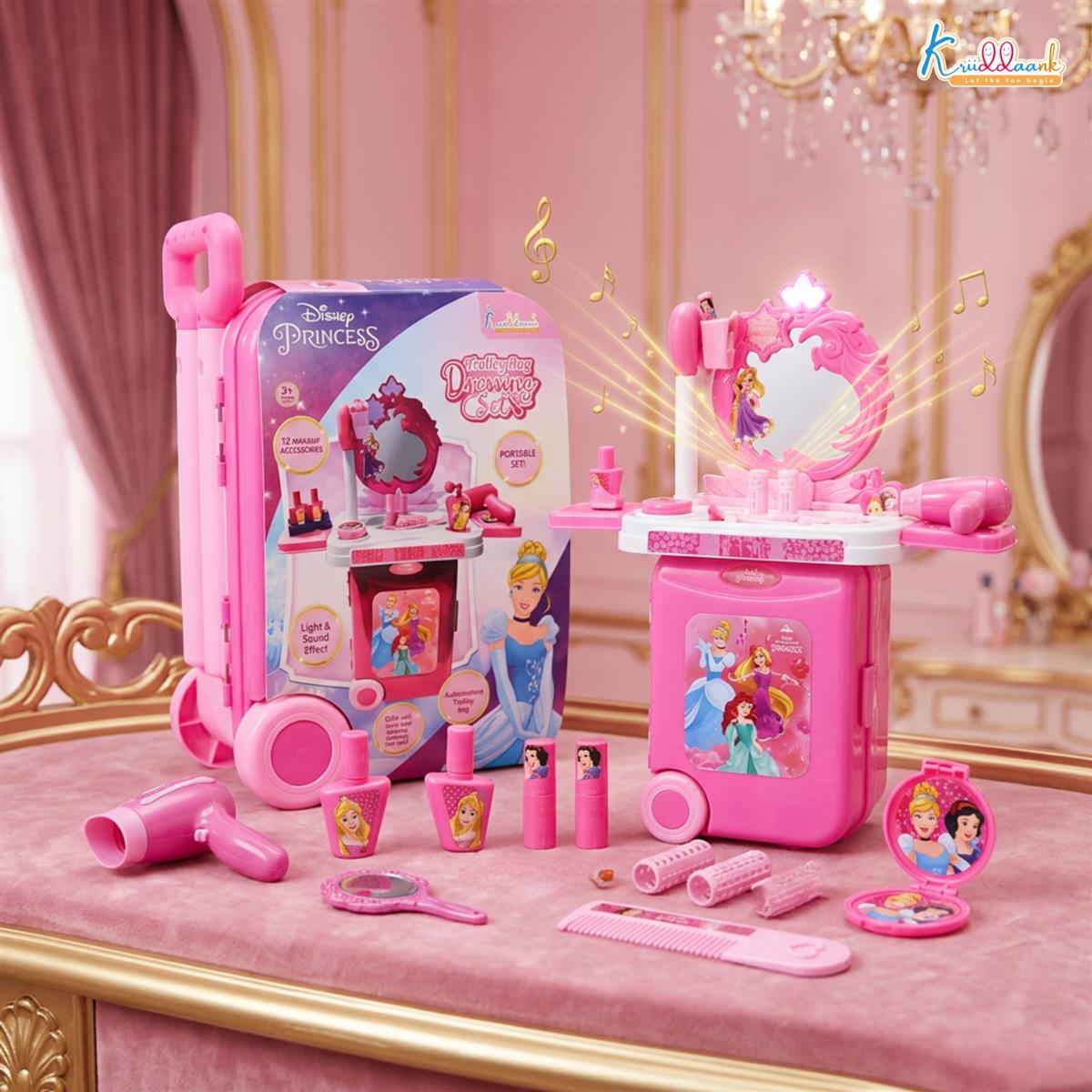 Kriiddaank Disney Princess Dressing Set & Beauty Makeup Kit with Trolley for Girls - 15 Pcs Pretend Play Toy with Music, Lights & Sound - Safe, Interactive Styling Kit for Kids Ages 3+