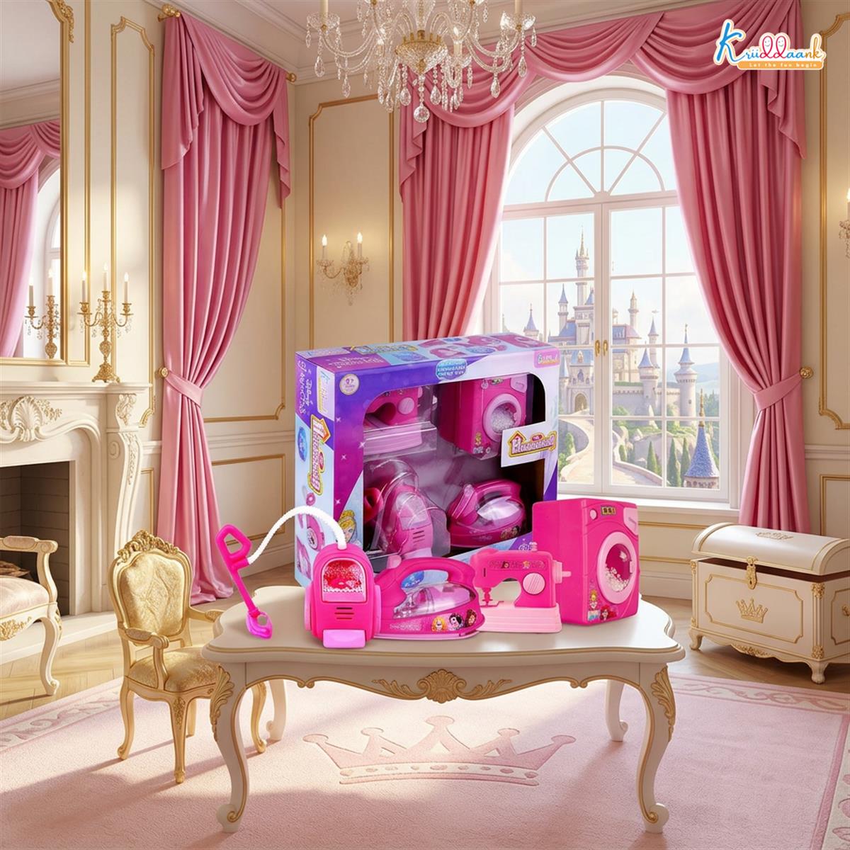 Disney Princess Theme 4pc Household Role Play Set - Includes Toy Washing Machine, Vacuum Cleaner, Iron & Hair Dryer - Educational & Fun Pretend Play Home Decoration Kit for Kids Ages 3+