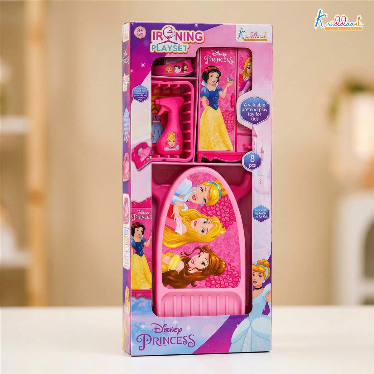 Disney Princess Iron Playset for Girls â€“ 8-Piece Pretend Play Laundry & Ironing Set with Realistic Light & Sound â€“ Includes Ironing Board, Basket, & Hangers â€“ Educational Toy for Kids Age 3+
