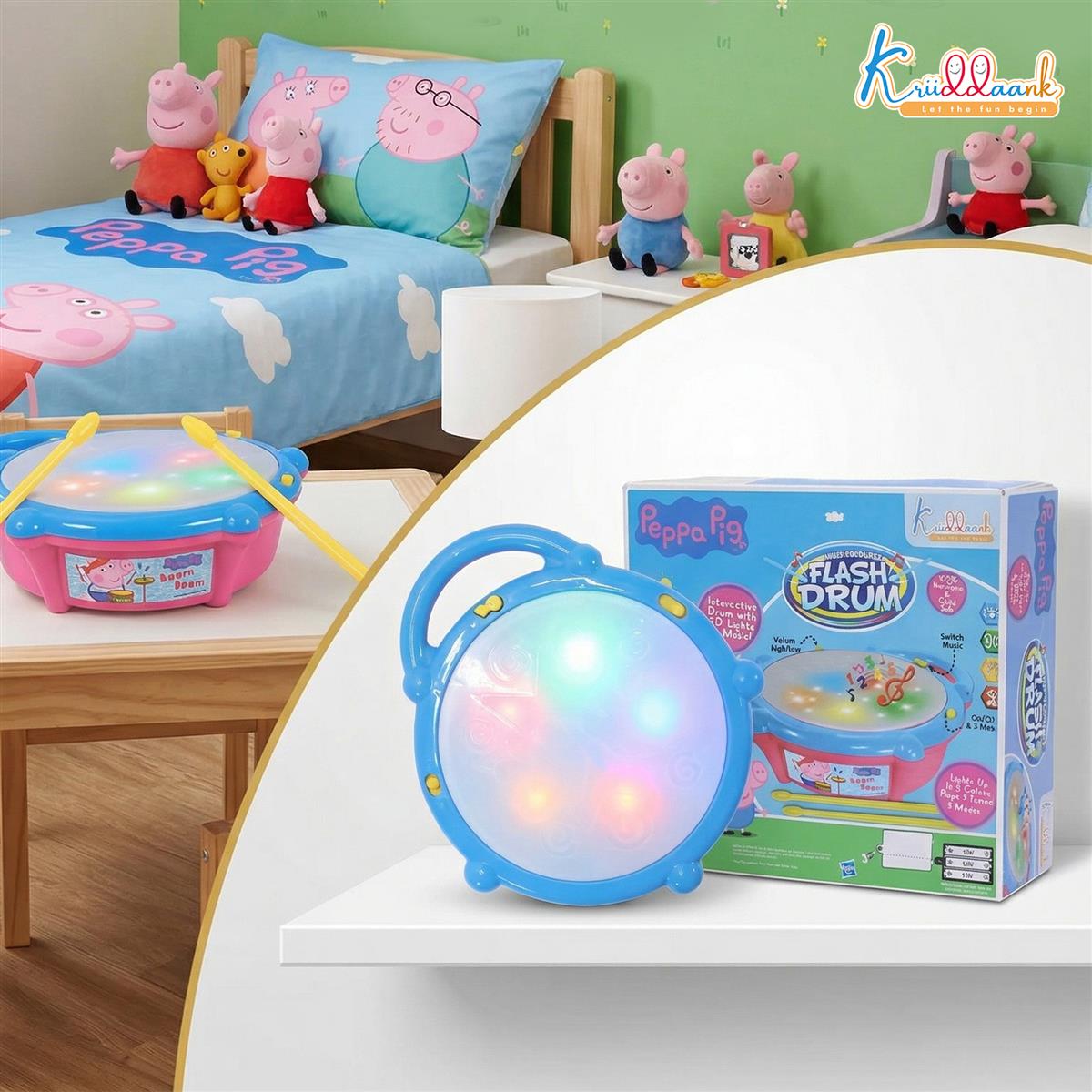 Hasbro Peppa Pig Theme Flash Drum Musical Toy with 3D LED Lights, 9 Songs & 9 Drum Sounds - Interactive Rhythm & Beats Toy for Kids 3+ Years - Pink Educational Sensory Toy