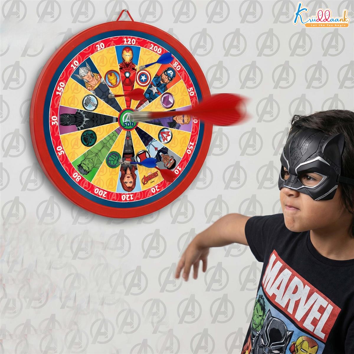Kriiddaank Avengers 2-in-1 Double Fun Dartboard & Ludo Game for Kids - Safe Magnetic Indoor Wall Target Shooting Game, Marvel Themed Superhero Toys for Boys & Girls Age 3+, Durable MDF Board