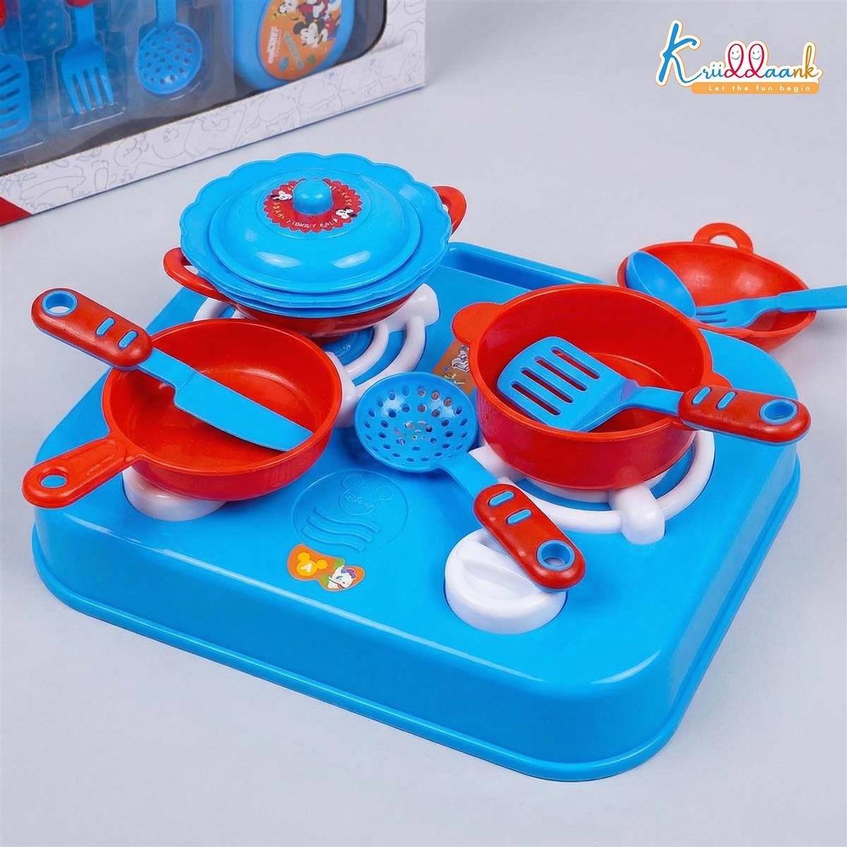 Kriiddaank Mickey Mouse Little Chef's Kitchen Set - 16 Pcs Pretend Play Cooking Set with Lights & Sounds, Portable Electric Stove Playset for Kids Aged 3+ Years
