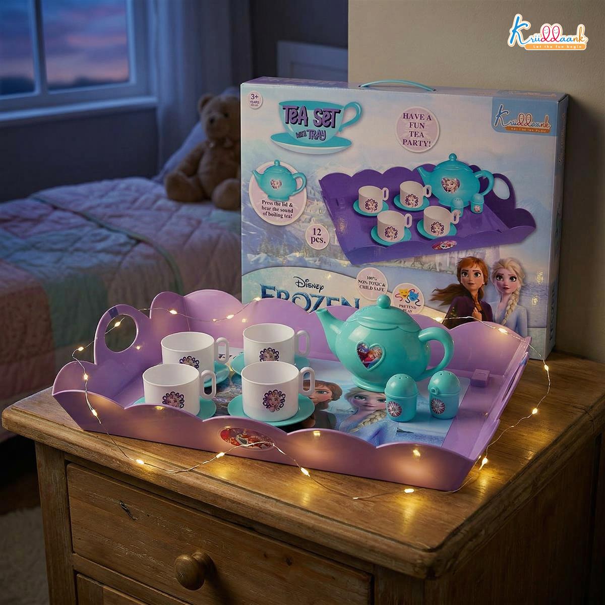 Frozen Tea Party Set for Girls - Elsa & Anna 15-Piece Trolley Playset with Electronic Kettle, Realistic Boiling Sounds & Lights - Interactive Pretend Play Kitchen Toy for Kids Ages 3+