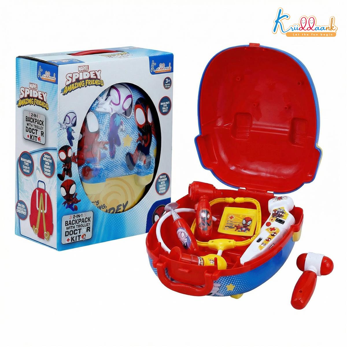 Spiderman Battery Operated Doctor Suitcase Play Kit for Kids 3+ Years - 2-in-1 Backpack Medical Set with Light & Sound Stethoscope, 8 Realistic Pieces, Pretend Play Roleplay Toy for Boys - Blue