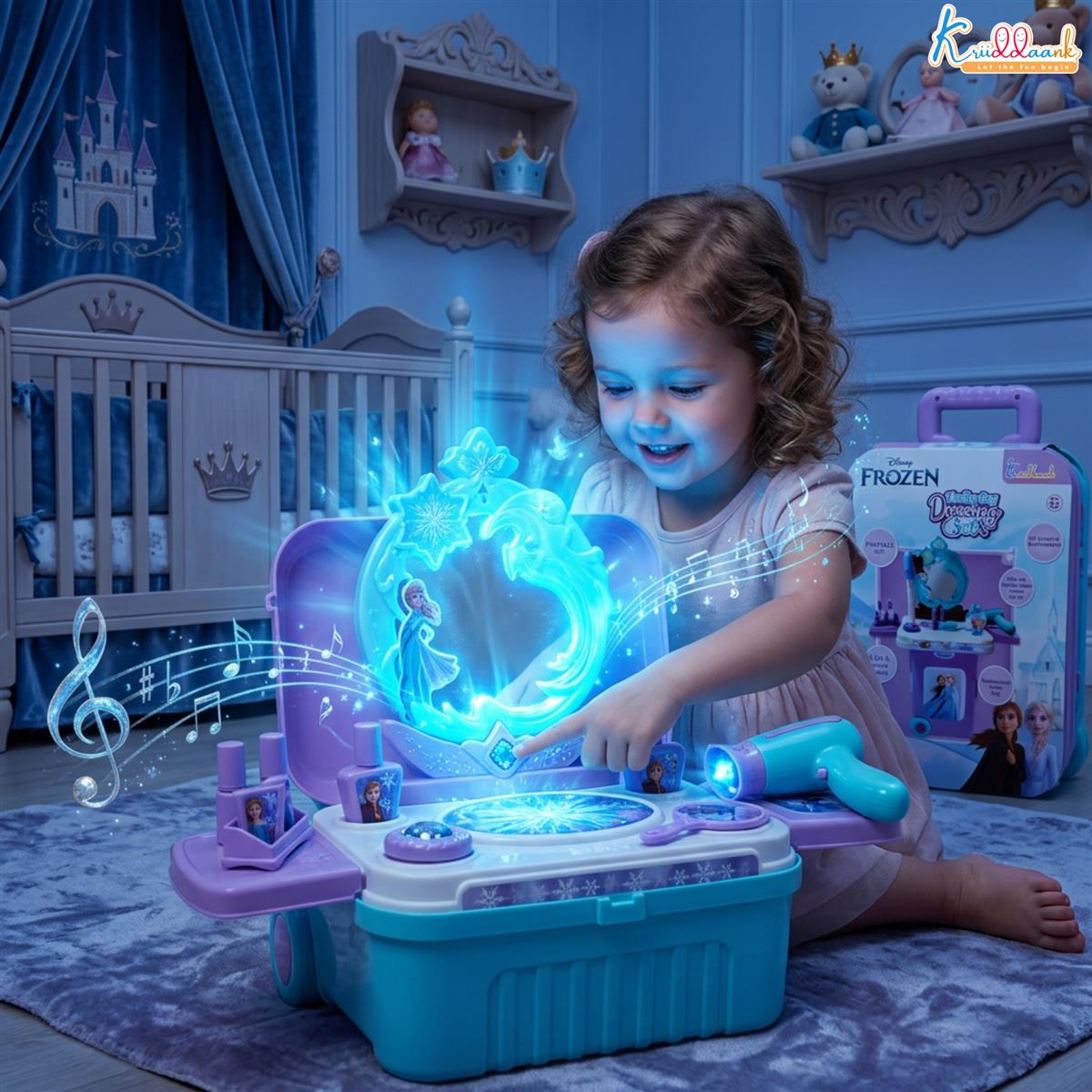 Kriiddaank Frozen Dressing Set for Girls - Elsa & Anna Pretend Play Beauty Makeup Kit with Trolley, Lights & Music, 15 Pcs Educational Styling Toy for Kids Age 3+, Turkish Blue