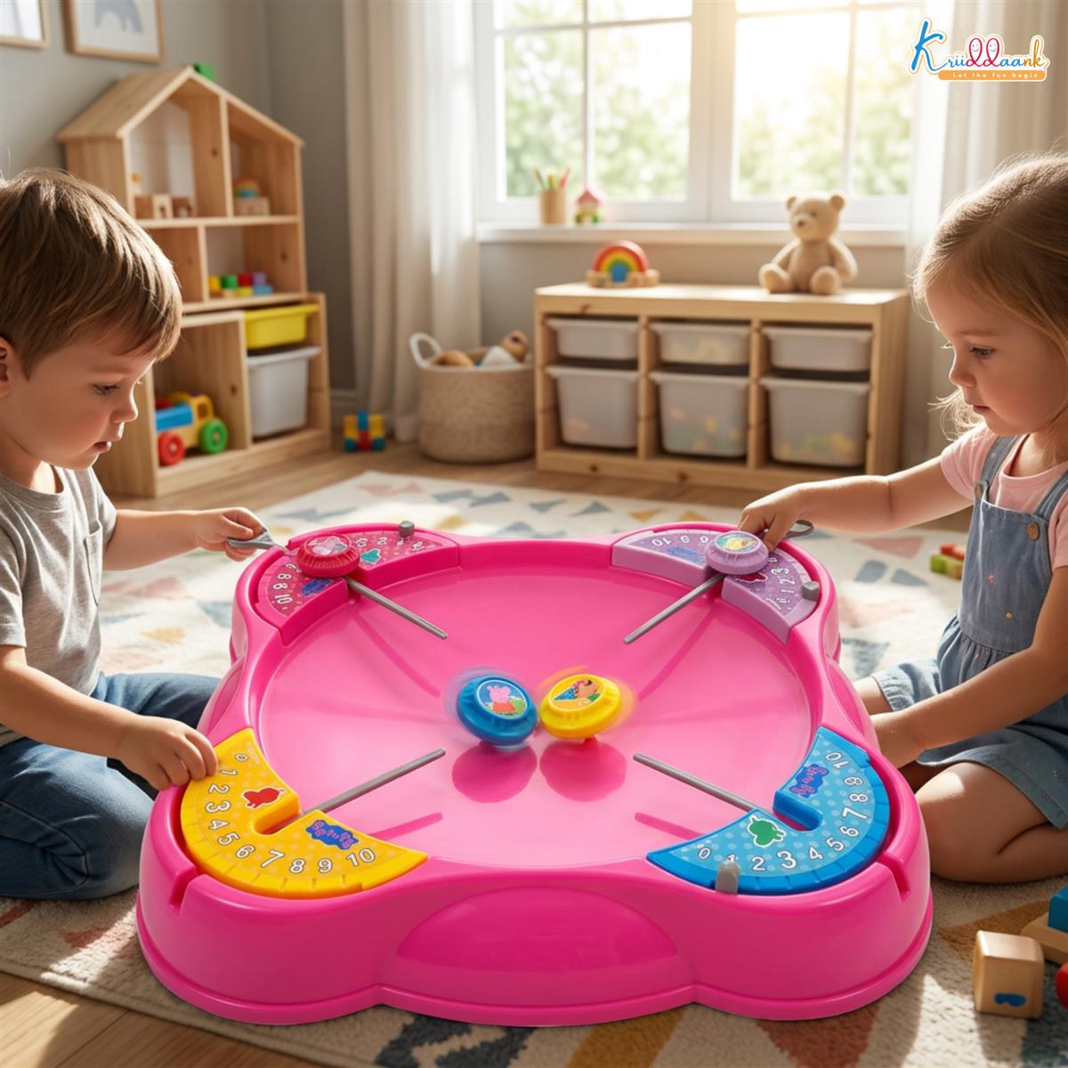 Kriiddaank Peppa Pig Theme Spinning Top Battel Game with Arena Base - Beyblade Style Battle Set for Kids 5+ Years - 4 Tops & Rip Cords - Multiplayer Educational Toy for Boys & Girls (Pink)