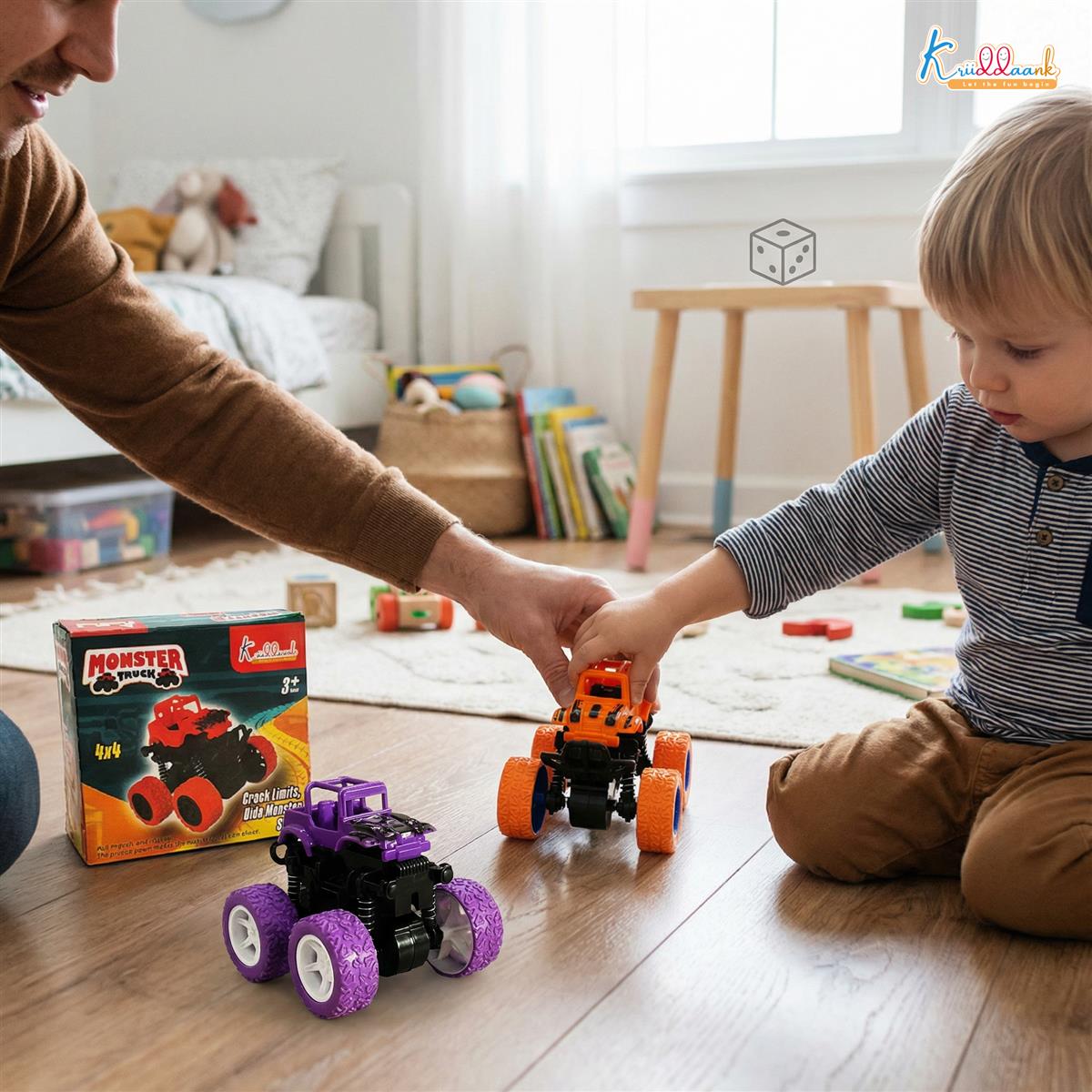 Kriddaank Pack of 2 4x4 Monster Truck for Kids - Friction Powered Stunt Cars with 360Â° Spin Action - 4WD Push and Go Toy Vehicles for Toddlers, Boys & Girls Aged 3-7 Years (Multicolor)