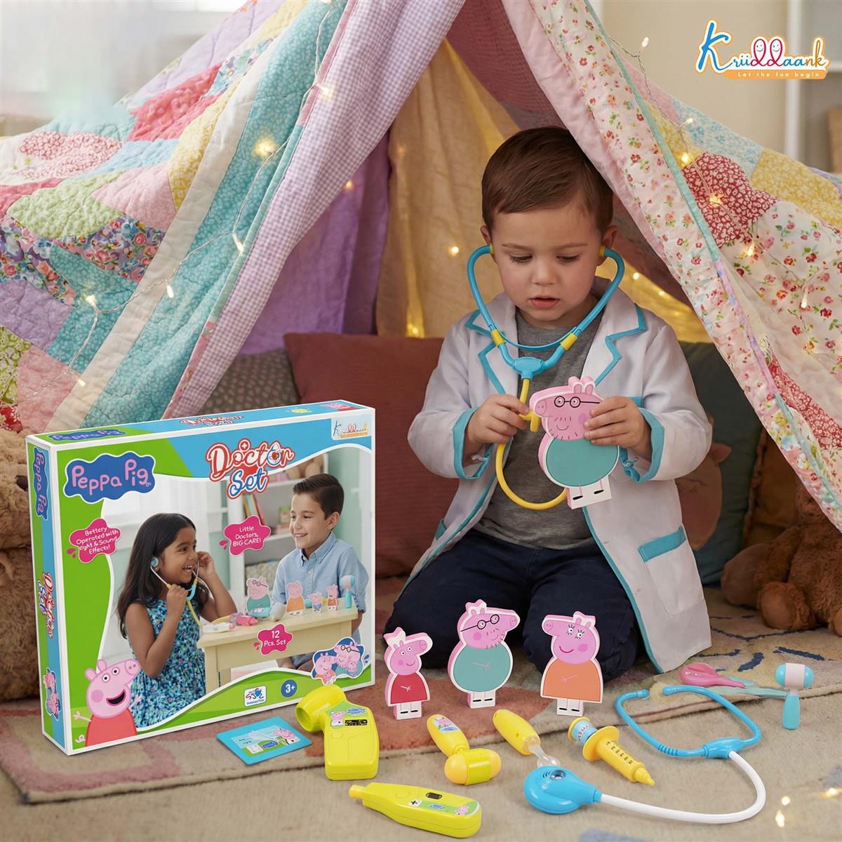 Kriiddaank Peppa Pig Medical Playset with 2D Family Figures, Doctor Kit for Kids Ages 3+, 12 Pcs Toy Set with Stethoscope, Lights & Sound Effects, Educational Pretend Play for Toddlers