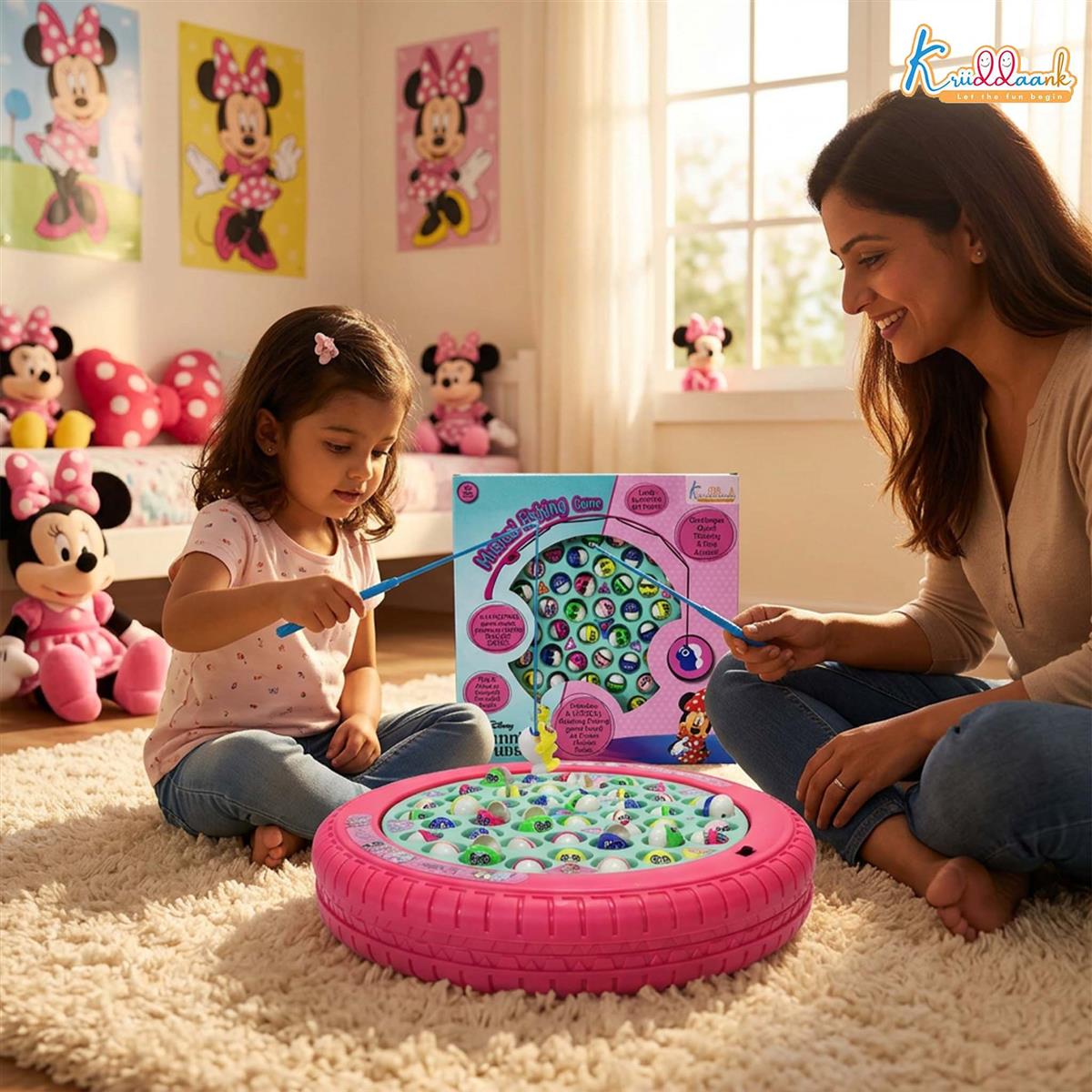 Minnie Musical Fishing Game - Electronic Rotating Board with 45 Fishes & 4 Poles, Ocean Theme Battery Operated Toy, Educational Pink Fishing Game for Kids & Toddlers, Ages 3+
