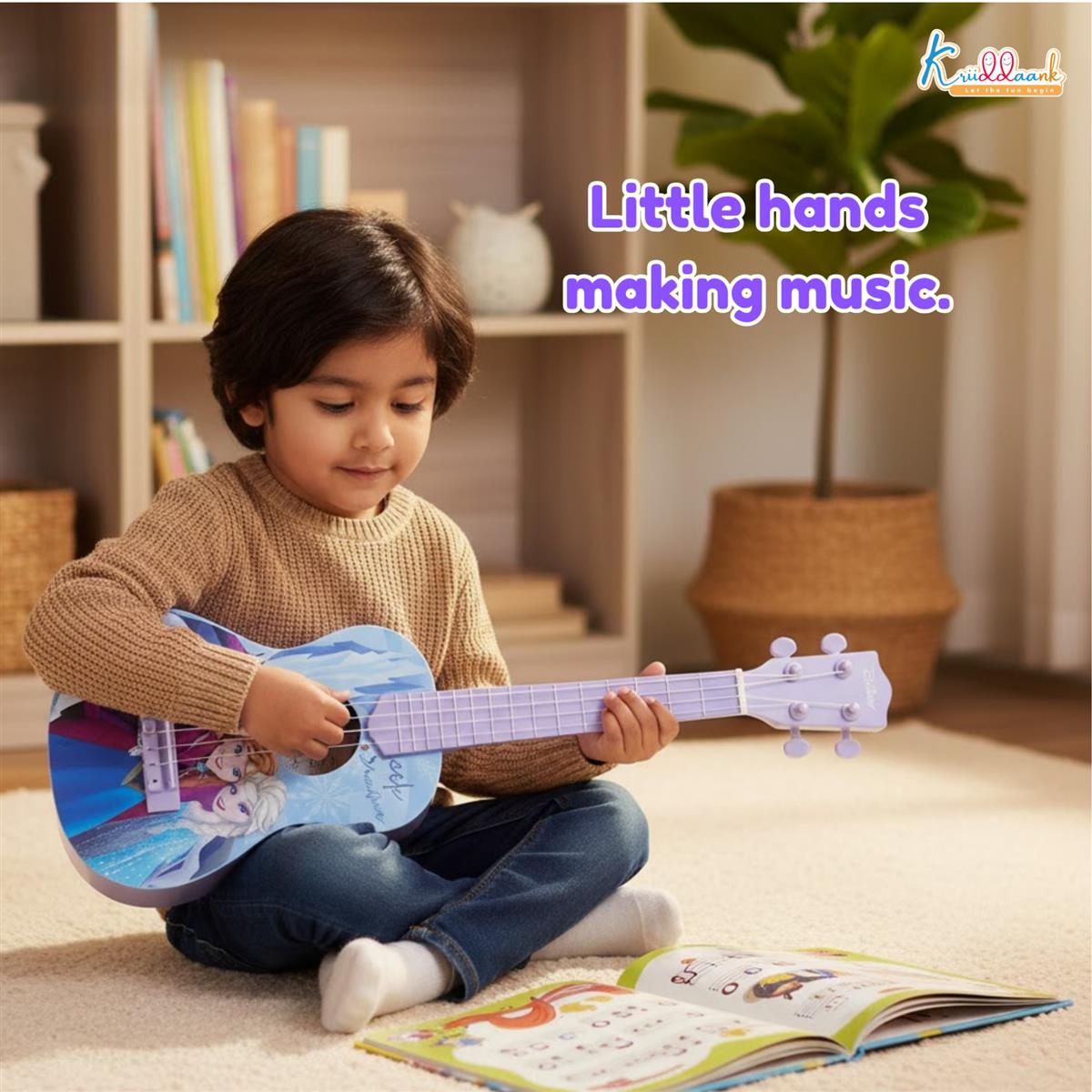 Frozen Elsa & Anna Big Toy Guitar for Girls - 4-String Adjustable Acoustic Musical Instrument with Pick - Lightweight & Portable Educational Toy for Kids Age 3+ Years, Turkish Blue