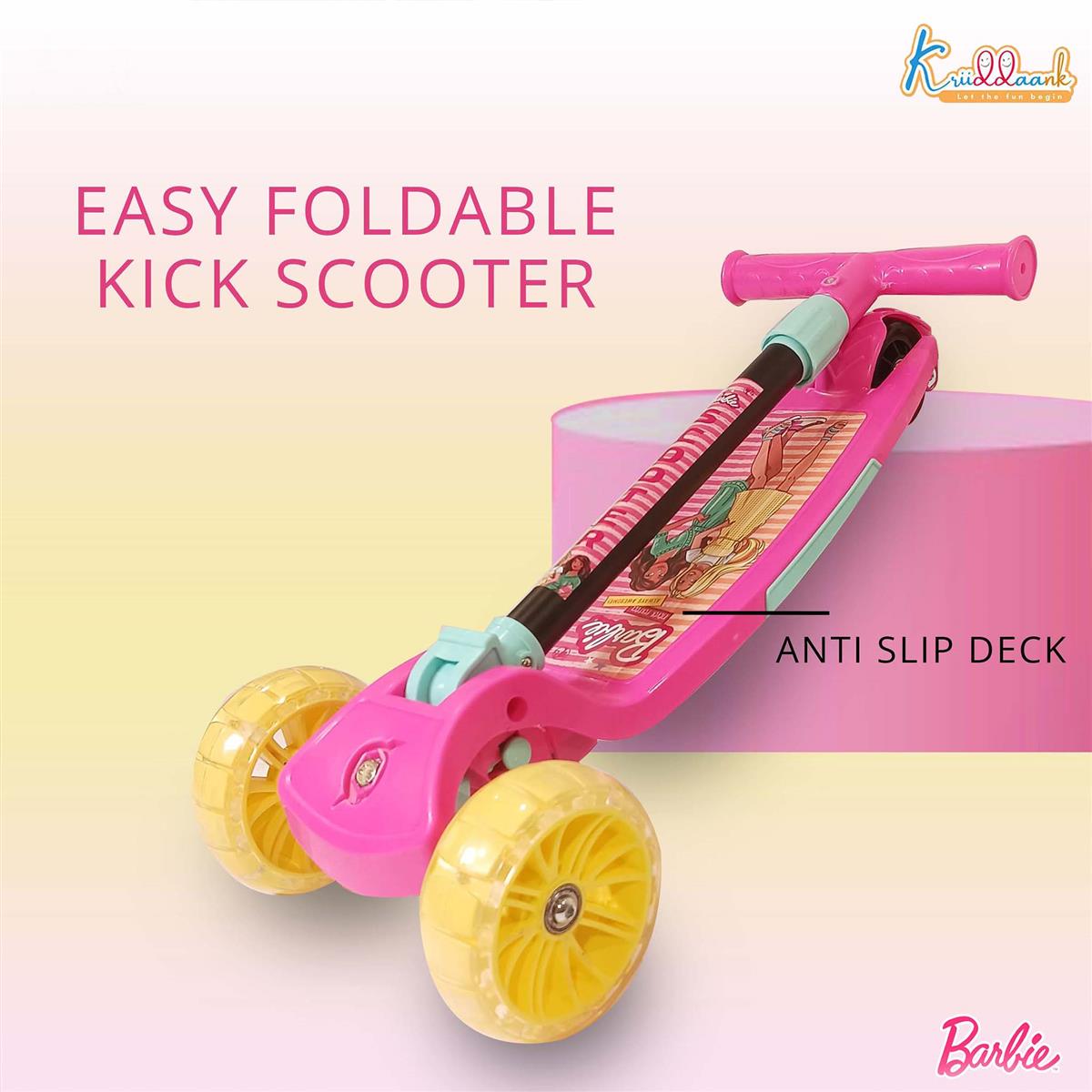 Kriiddaank Barbie Adventure 3-Wheel Kick Scooter for Kids (Ages 3-12), 5-Level Adjustable Height & Easy Fold Design, PVC Wheels, 25kg Weight Capacity, Pink