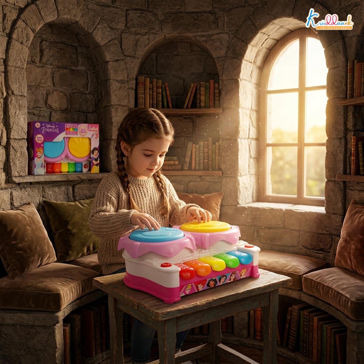 Disney Princess Piano Drum Playset - Interactive Electronic Musical Toy with 3D Lights & Sound for Kids 3+ Years Old - Fun Educational Rhythm Instrument, Perfect Birthday Gift for Toddlers & Girls