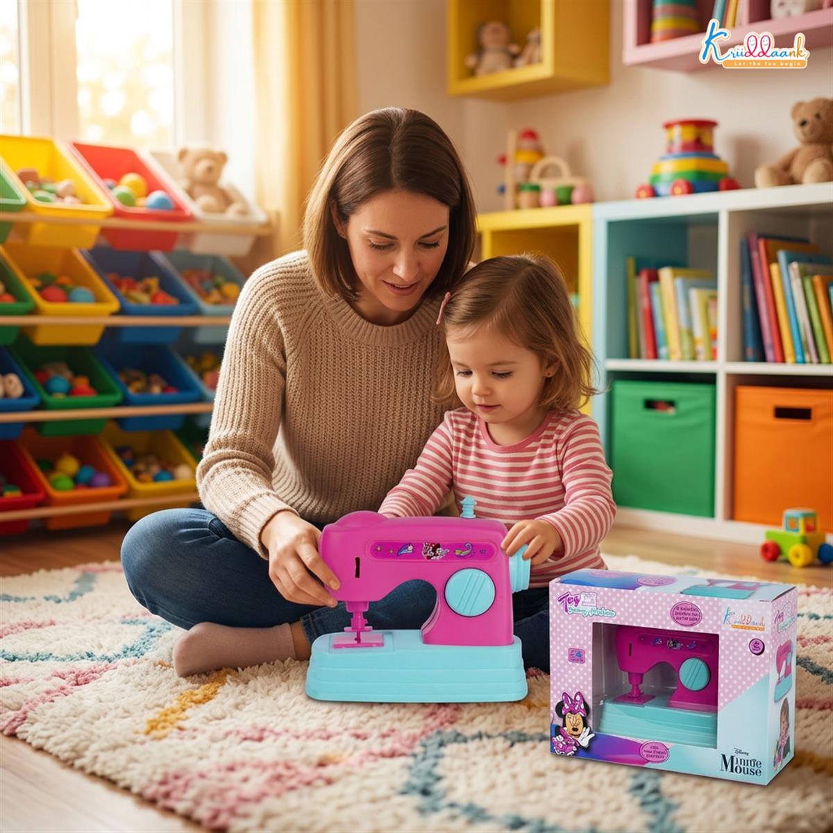 Kriiddaank Minnie Mouse Theme Mini Sewing Machine Toy for Kids 3+, Pink Educational Pretend Play Household Toy with Interactive Buttons, Battery Operated Role Play Toy for Girls