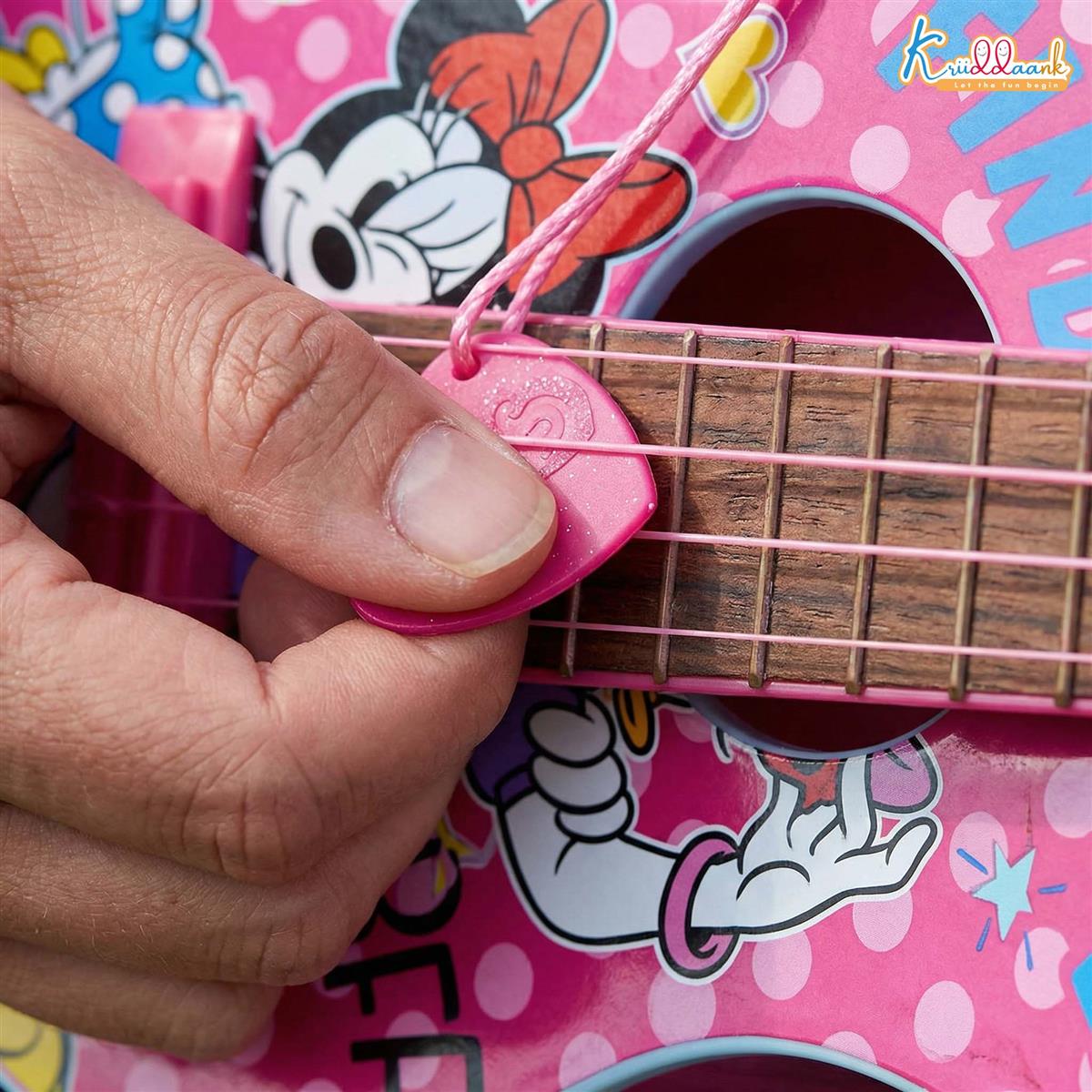 Minnie Guitar (Big) - 4-String Musical Toy for Kids with Adjustable Tension, Fingerstyle Tab & Pick - Portable Pink Guitar for Girls 3+ Years - Fun Educational Disney Themed Birthday Gift
