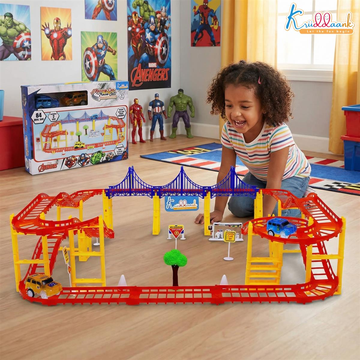 Avenger Theme Portable Car Track Playset - 86 Pcs Marvel Racing Track with Diecast Metal Cars, DIY Customizable Race Track for Kids 3+ Years, Realistic Miniature Collectible Toy (Multicolor)