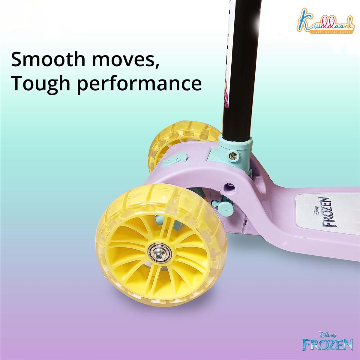 Kriiddaank Disney Frozen Adventure 3-Wheel Kick Scooter for Kids - 5-Level Adjustable Height, Easy Fold Design, Light Up PVC Wheels & Manual Brake - For Boys & Girls Ages 3-12 (Turkish Blue, 25kg)