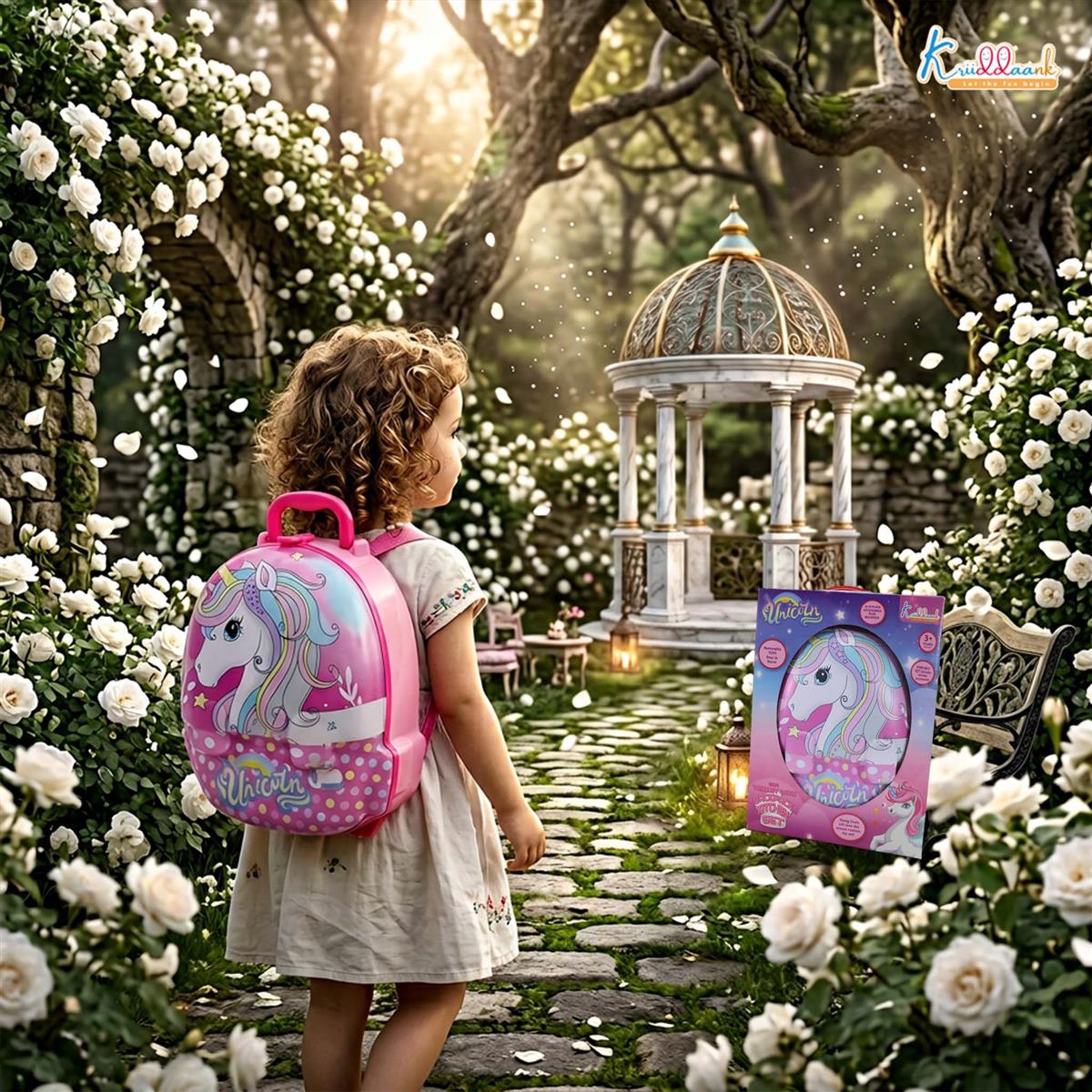 Kriiddaank Unicorn Backpack Kitchen Set for Kids - 21 Pcs Pretend Play Cooking & Baking Toy with Music - Portable Chef Suitcase Gift for Girls & Boys Age 3+ - Educational Role Play Kitchen Kit