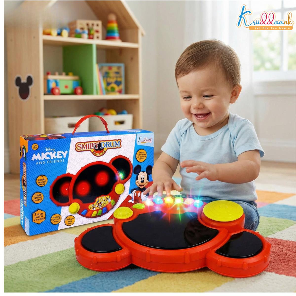 Smiley Drum Musical Toy for Kids with 3 Drum Pads, Cymbal & Flashing 3D Lights - Interactive Educational Drum Set with 2-Step Volume Control & Musical Tones - Battery Operated Toy for Boys & Girls