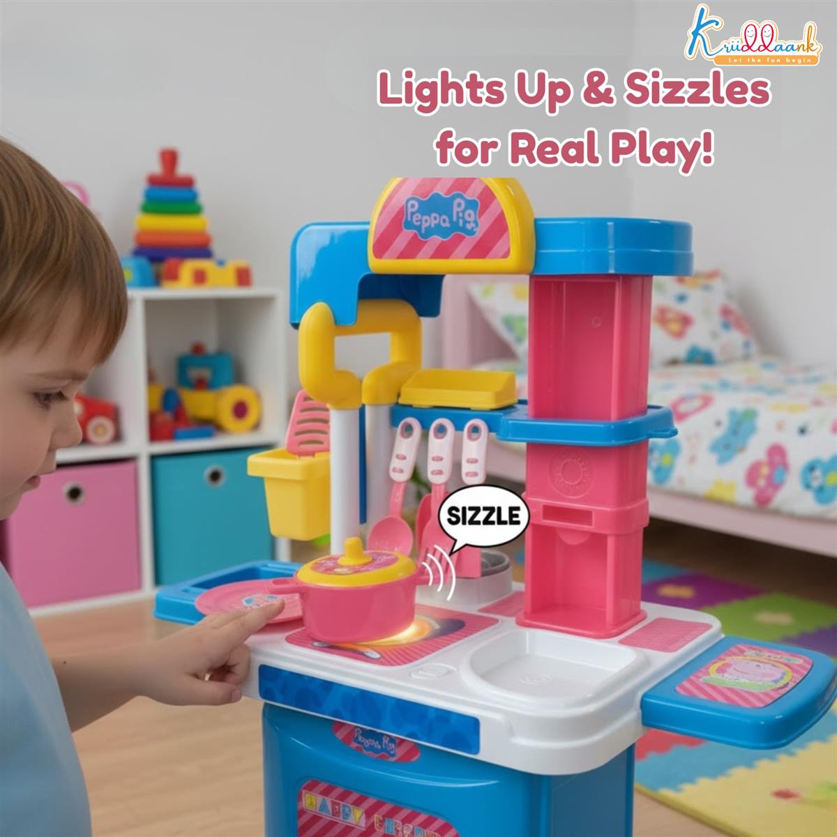 Kriiddaank Peppa Pig Kitchen Set for Girls - 2-in-1 Portable Trolley & Chef Playset with 20+ Accessories, Music & Lights - Educational Pretend Play Cooking Toy for Kids 3+ Years (Pink)