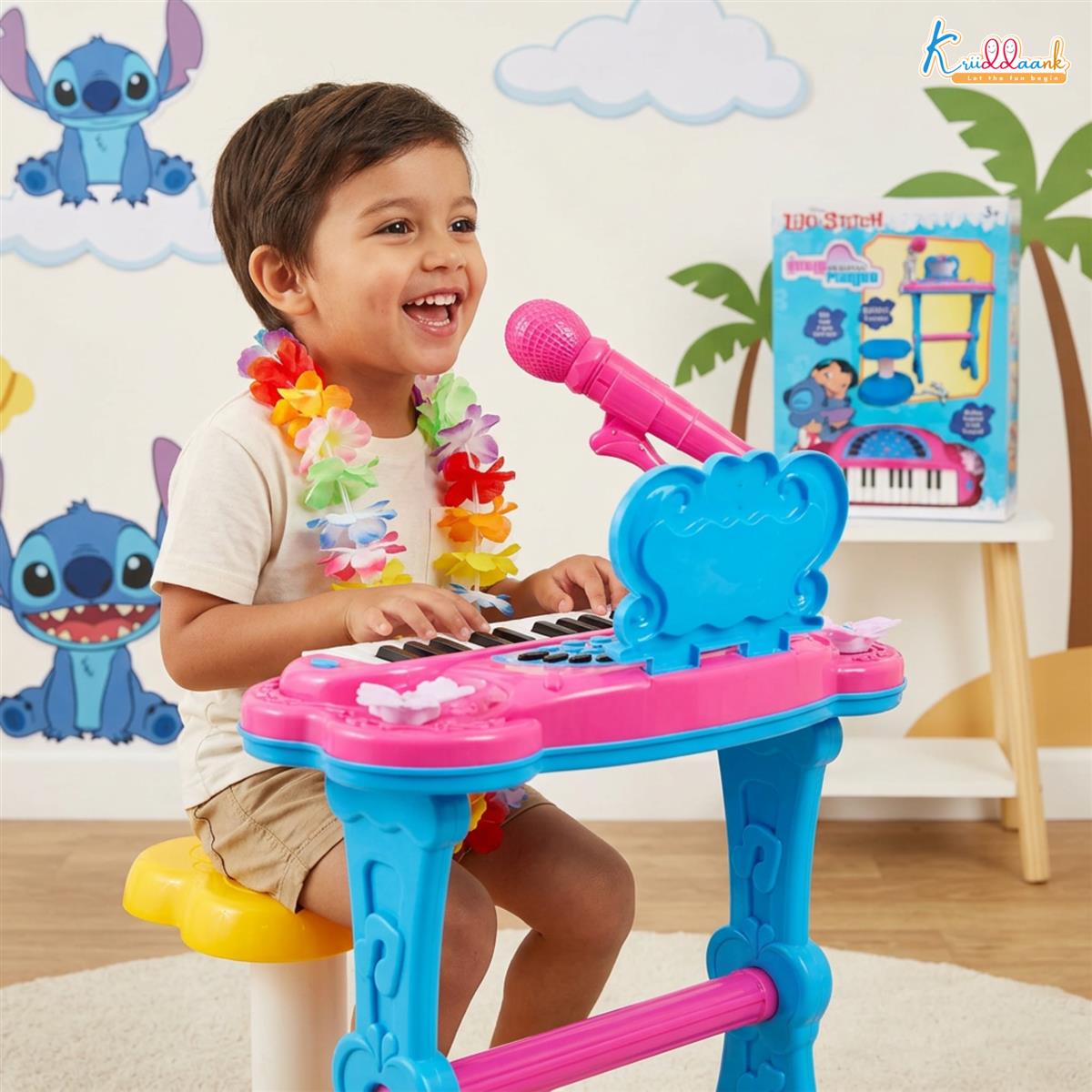 Disney Stitch Theme Little Pianist Keyboard Set for Kids - 25 Keys Piano with Microphone, Stool, & Dress-Up Accessories - Karaoke Function, USB/Battery Powered Musical Toy for Boys & Girls 3+