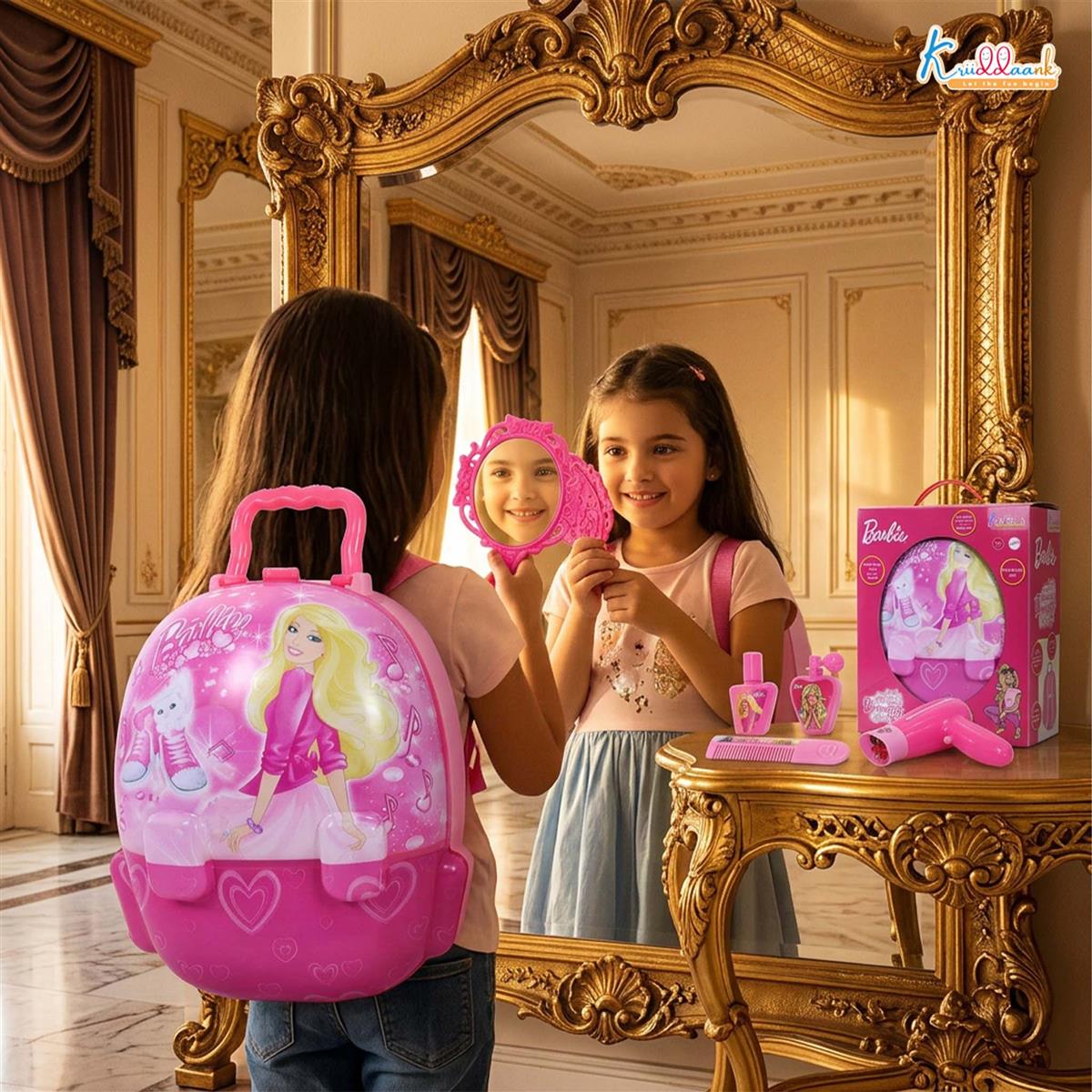 Barbie Backpack Dressing Gift Set for Kids - 2-in-1 Portable Pretend Play Makeup & Vanity Set with Electronic Dryer, 13+ Accessories, Safe & Durable Educational Toy for Girls Ages 3+