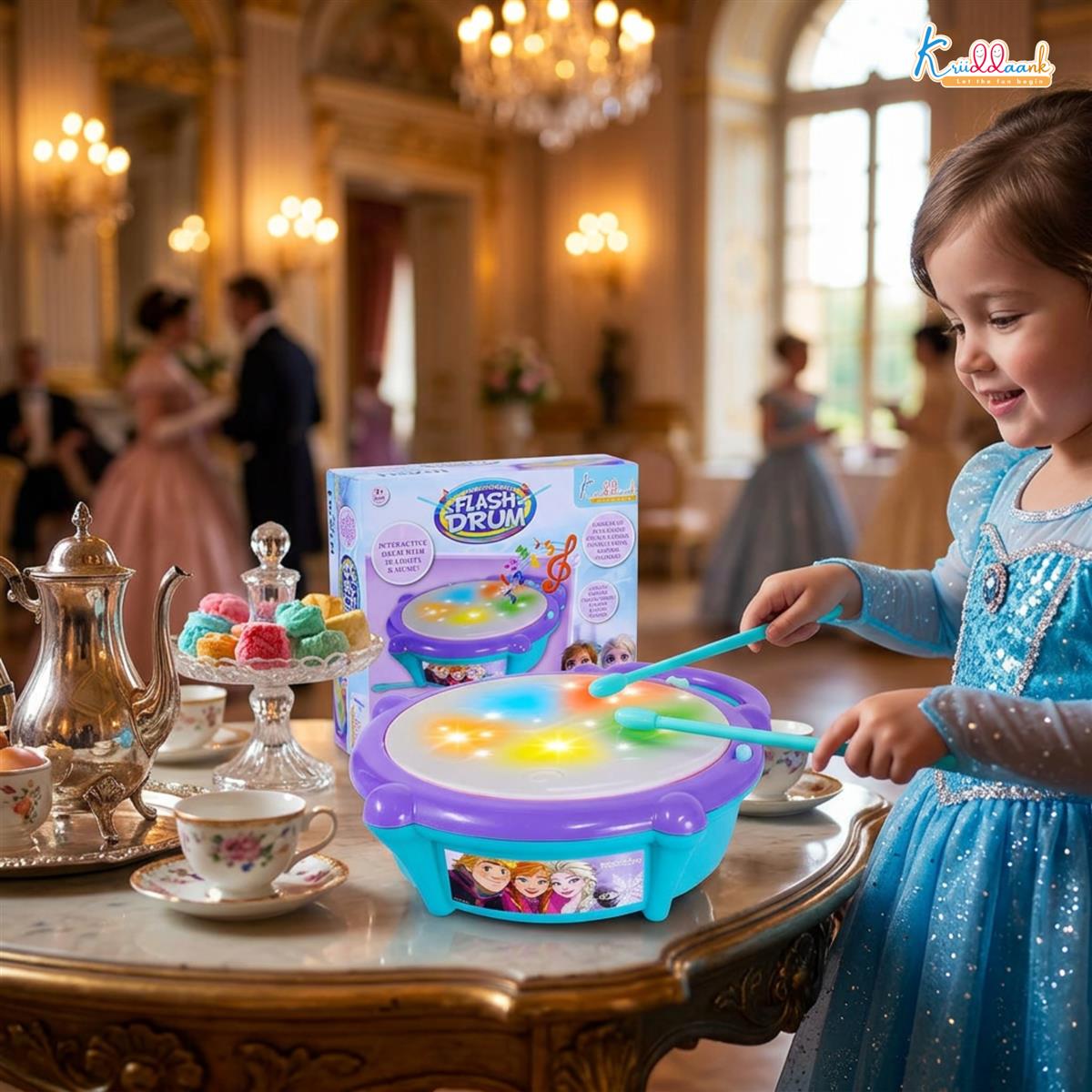 Frozen Elsa & Anna Flash Drum Toy for Toddlers - Battery Operated Musical Instrument with 3D 5-Color LED Lights & 9 Songs - Interactive Educational Toy for Kids Age 3+ Years