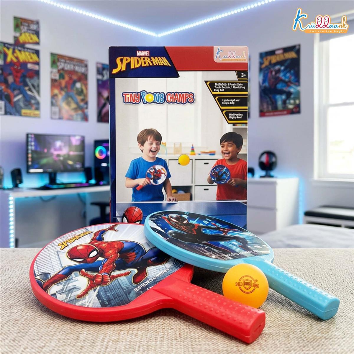Kriiddaank Spiderman Tiny Pong Champs - Paddle Racket Set with Ball for Kids | Indoor & Outdoor Table Tennis Sports Toy for Boys & Girls Age 3+ | Superhero Themed Active Play Set
