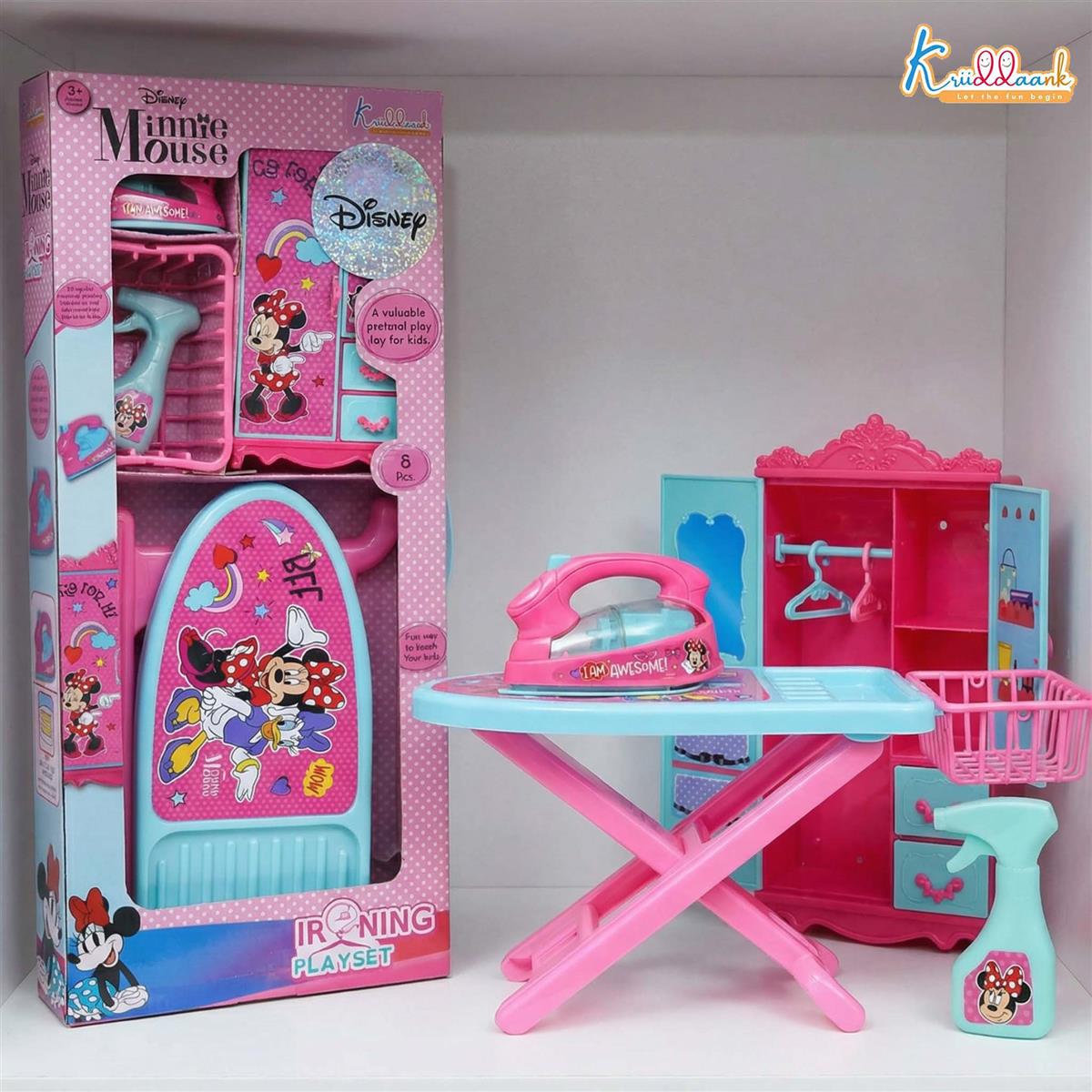 Minnie Mouse Iron Playset for Kids - 8 Piece Portable Ironing Stand & Cupboard Set with Lights & Sounds - Pink Pretend Play Household Toy with Water Spray, Basket & Hanger for Girls Age 3+