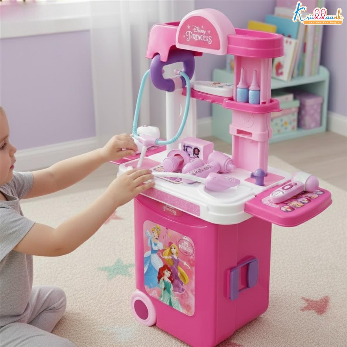 Kriiddaank Disney Princess Doctor Set for Kids - Portable Medical Trolley with Stethoscope & Lights, 9-Piece Educational Pretend Play Toy Kit for Girls Aged 3+, Pink