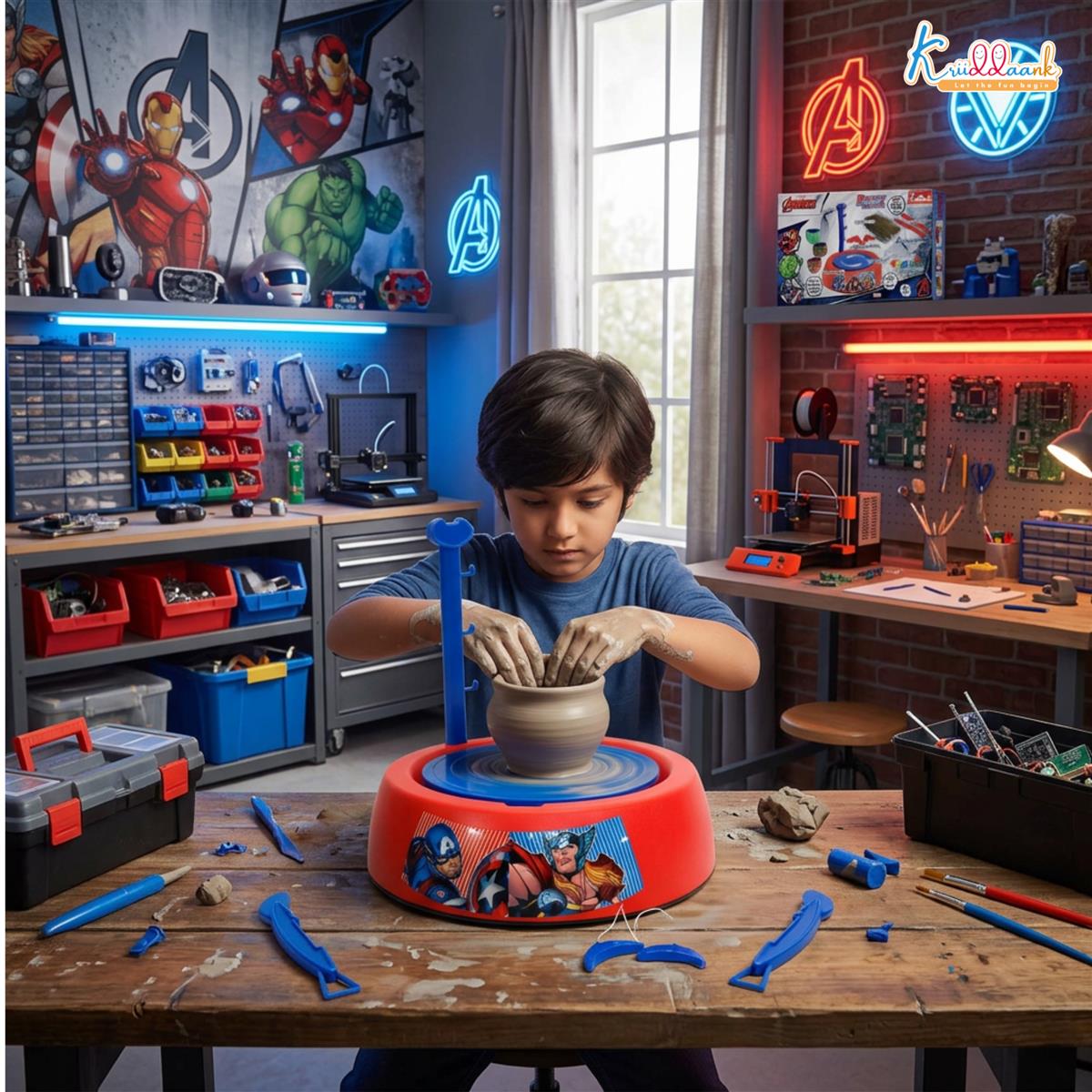 Marvel Avengers Theme Pottery Wheel - Superhero Clay Art & Craft Kit for Kids 8+ | DIY Pottery Studio with 800g Clay, Paints & Tools | Educational & Creative Birthday Gift | Non-Toxic & Safe