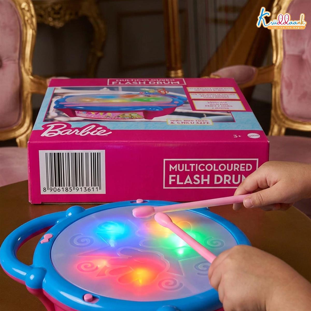 Barbie Electronic Flash Drum with 3D Rhythm Lights & Music | Educational Musical Toy for Kids 3+ Years | Interactive Pink Drum with 9 Songs & 5 Color-Changing Lights | Safe & Engaging Play