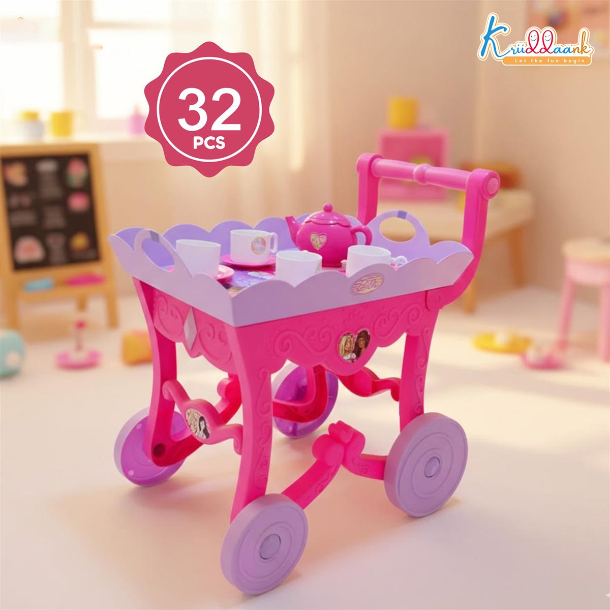 Barbie 32 Pieces Tea Set Trolley for Kids 3Y+ with Music and Sounds, Pink Pretend Play Kitchen Toy Set, Safe & Non-Toxic Musical Tea Party Playset, Ideal Birthday Gift for Girls