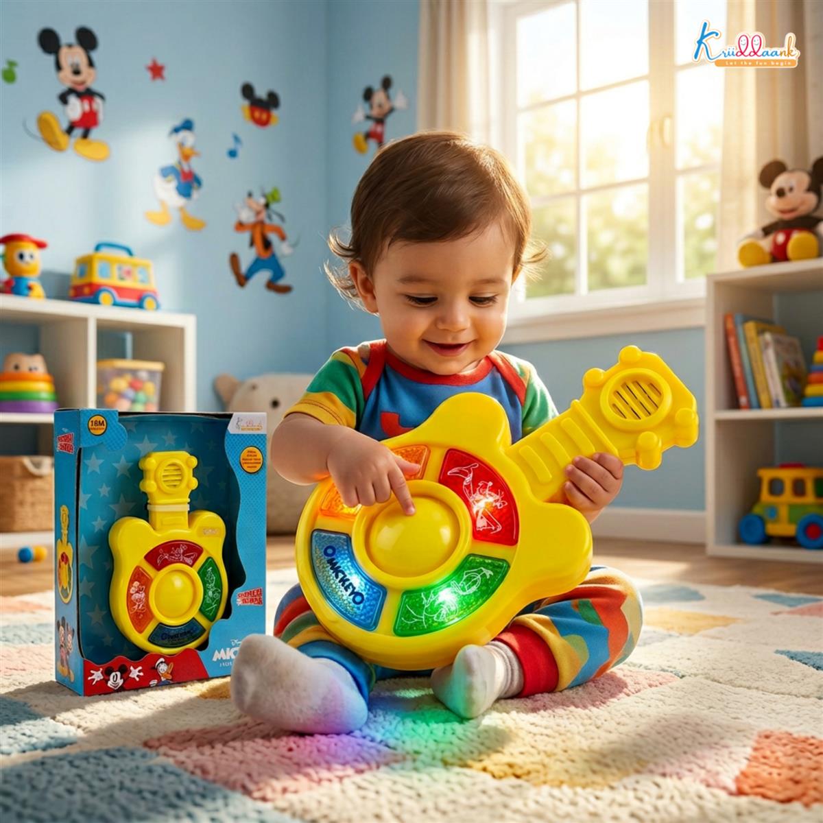 Disney Mickey Mouse Mini Music Guitar Toy for Kids - Portable Pocket-Sized Musical Instrument with 4 Sound Buttons, Battery Operated Educational Play for Toddlers and Preschoolers (3+ Years)