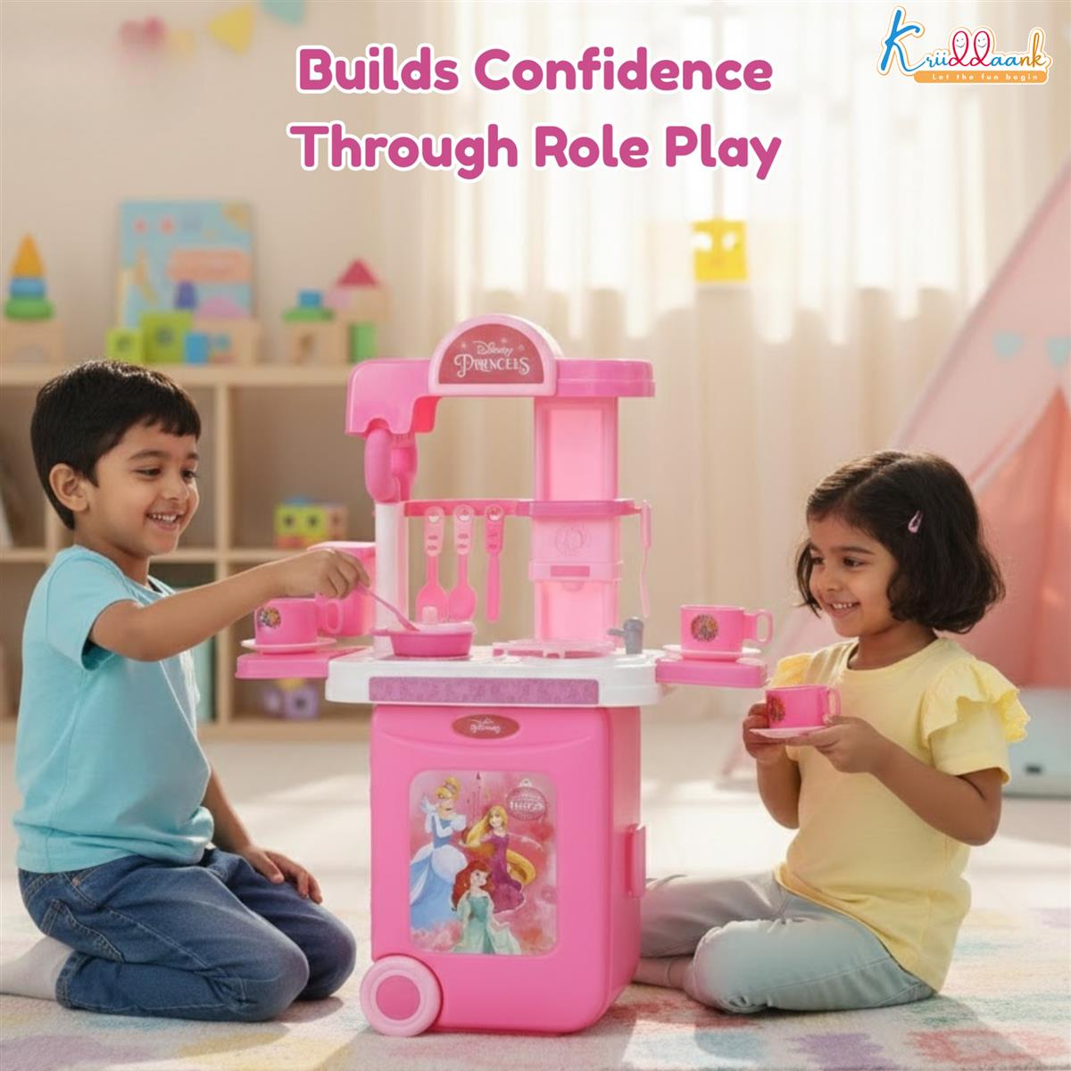 Kriiddaank Disney Princess Kitchen Set - 20 Pcs Portable Pretend Play Toy with Trolley Bag, Music & Lights, Cooking & Baking Playset for Girls Ages 3+, Pink