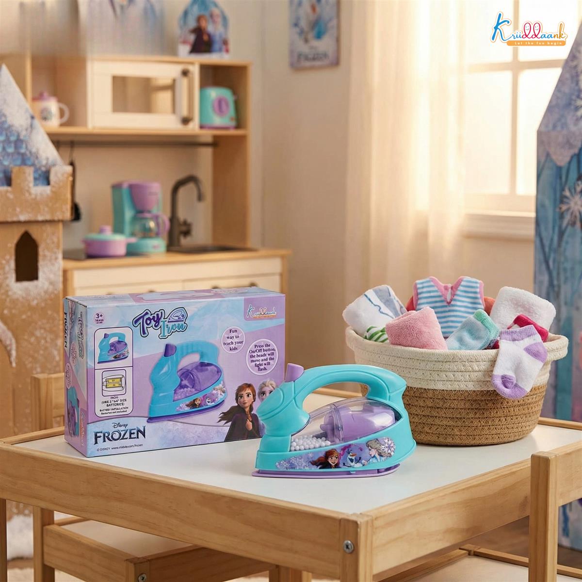 Frozen Household Press Iron Toy for Kids - Realistic Pretend Play Ironing Set with Moving Beads, Lights & Vibration - Educational Role Play Toy for Boys & Girls 3+ Years - Turkish Blue