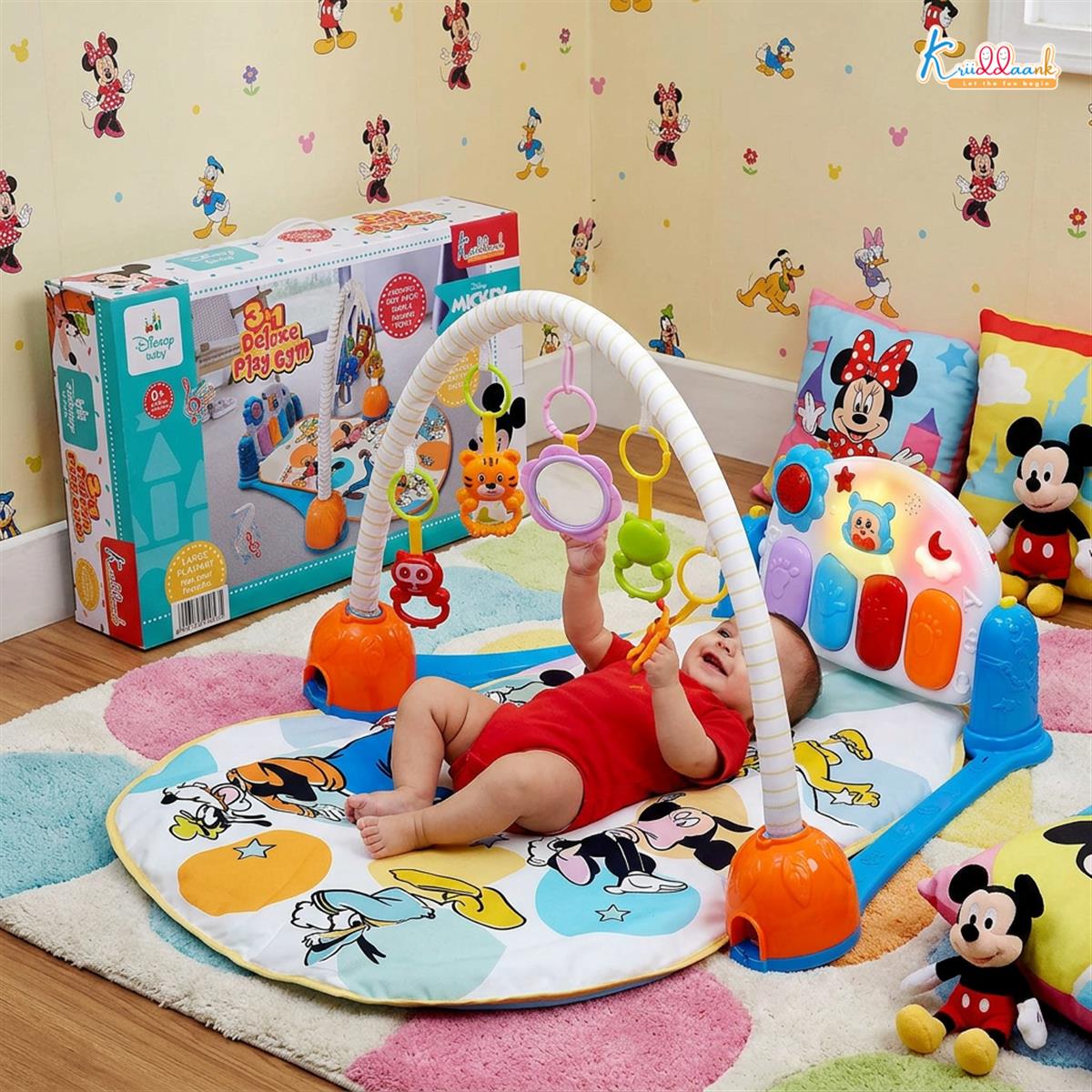 Mickey Theme Musical Baby Gym with Piano Keyboard, Lights & Hanging Rattles - Activity Play Mat for Infants & Toddlers (0-3 Years) - Extra Cushioned Tummy Time Mat for Boys & Girls